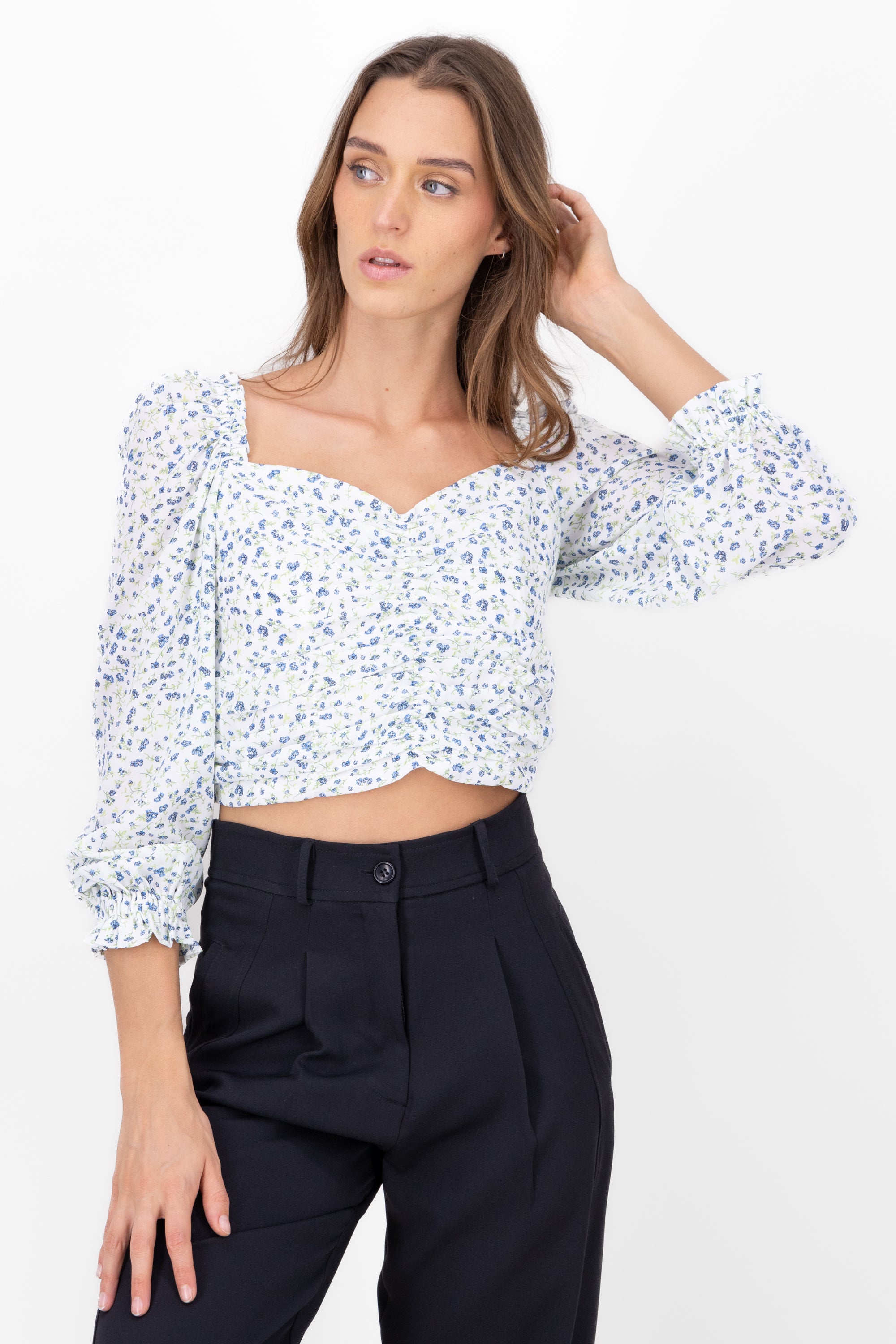 Blusa manga abullonada estampada flores BLANCO COMBO