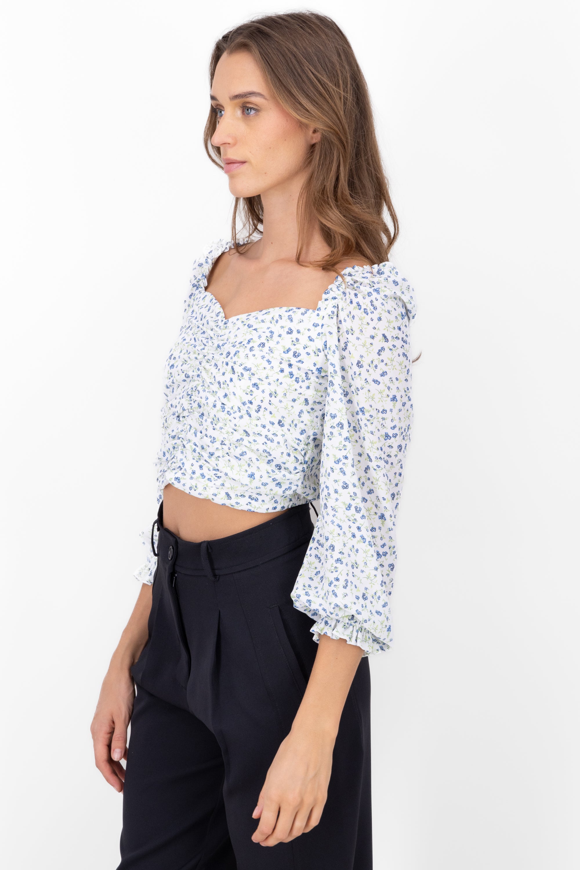 Blusa manga abullonada estampada flores BLANCO COMBO