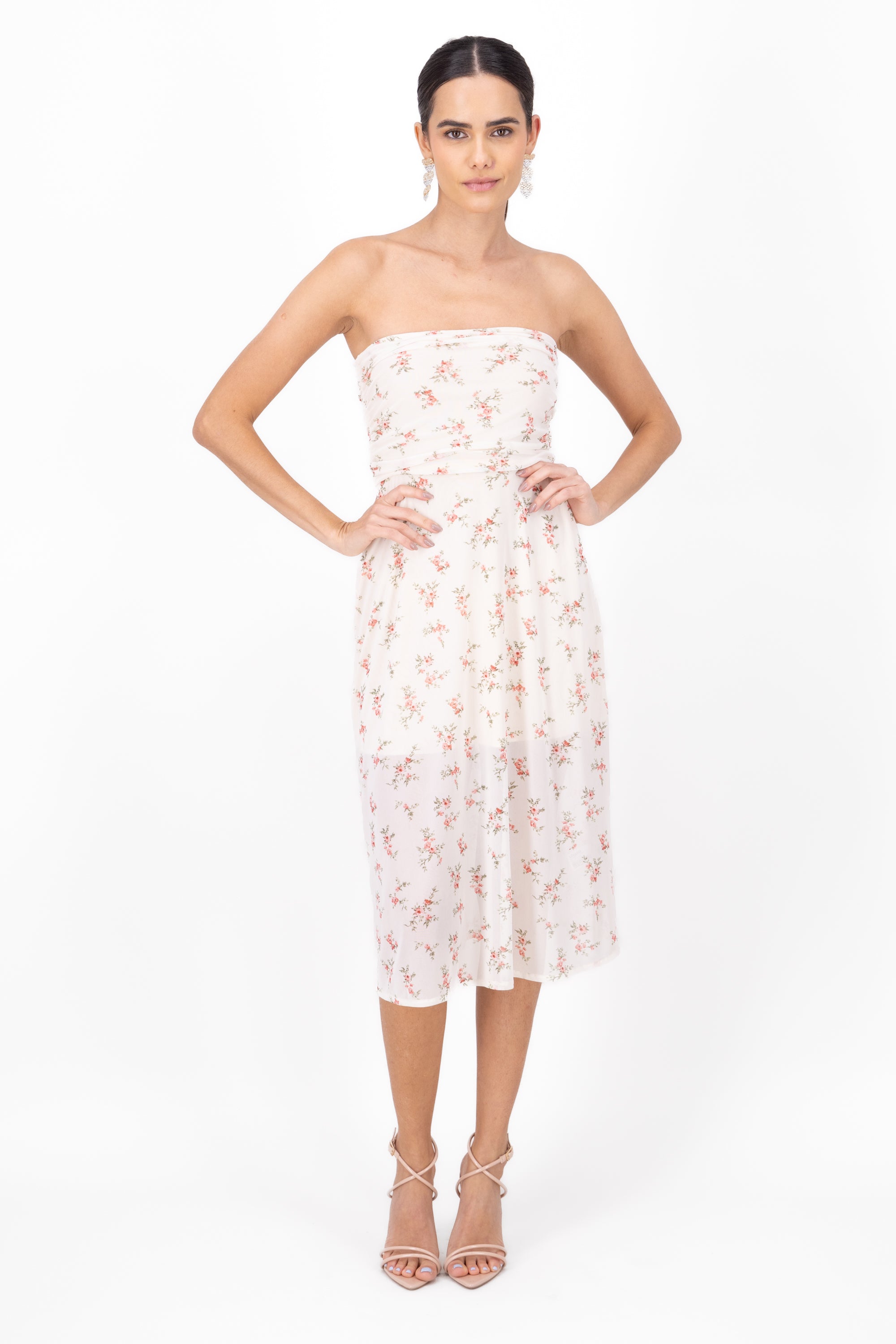 Vestido mesh drapeado estampado flores BEIGE