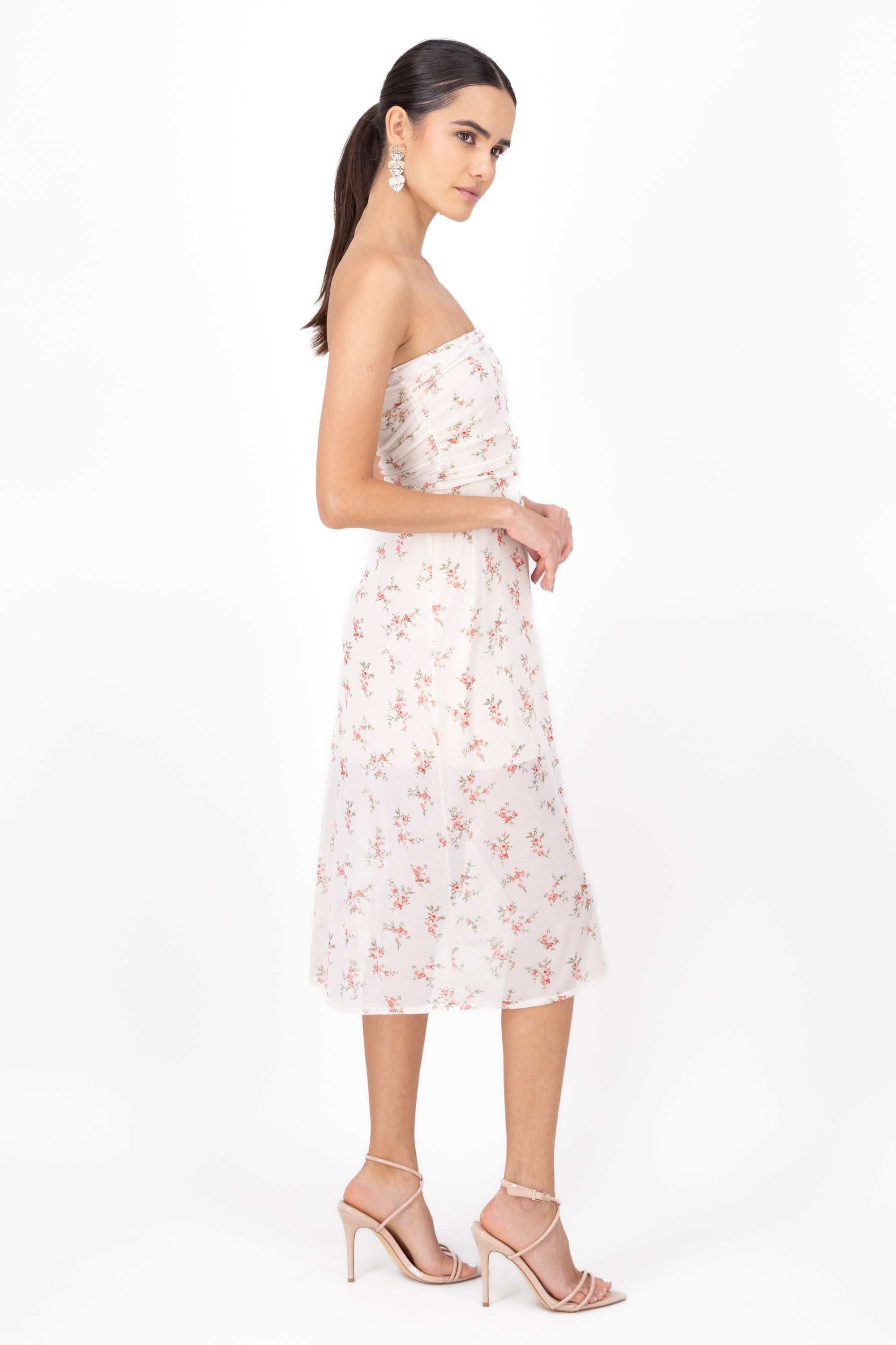 Vestido mesh drapeado estampado flores BEIGE