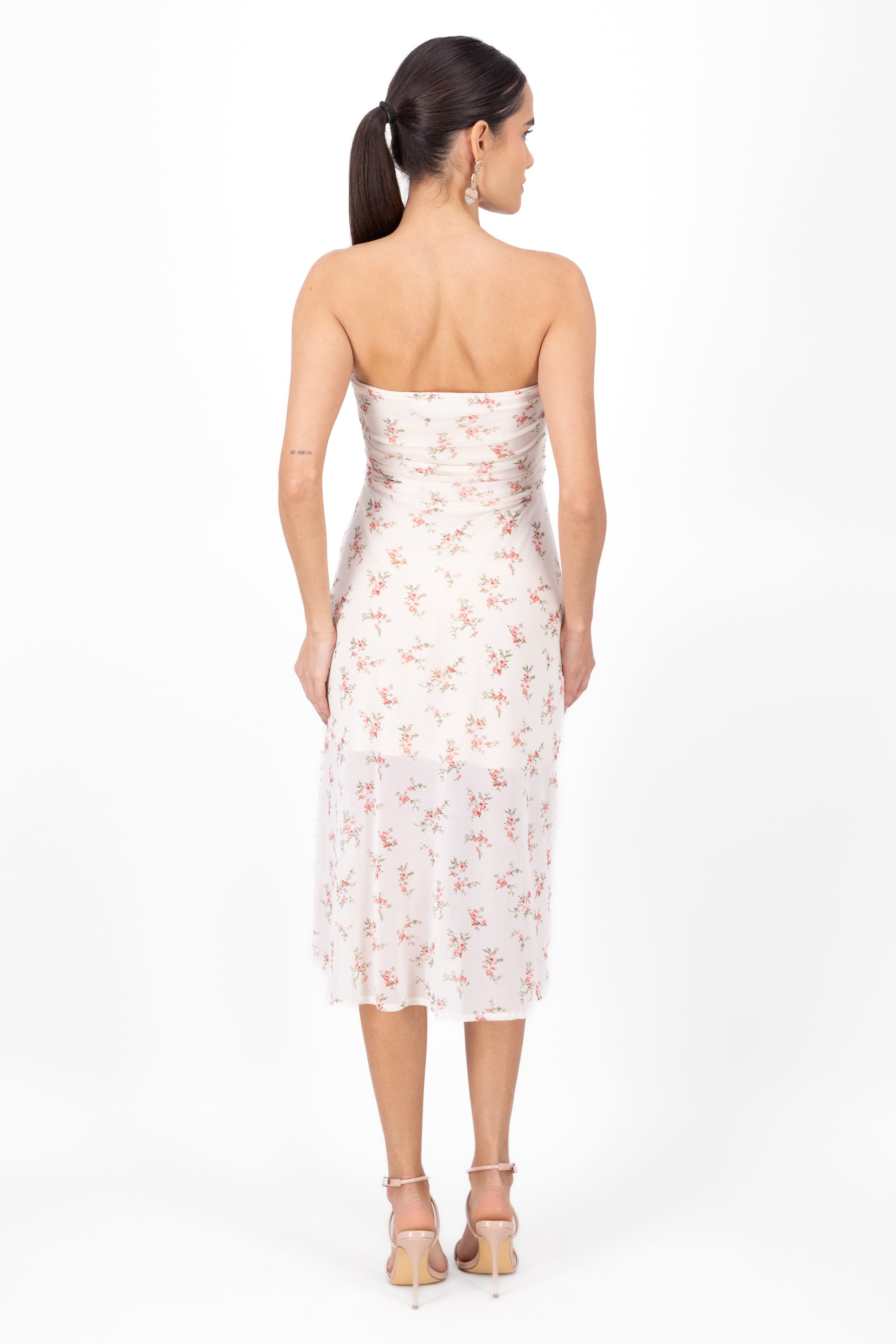 Vestido mesh drapeado estampado flores BEIGE