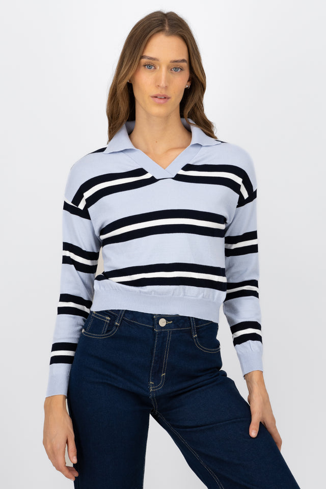 Sweater ligero cuello polo rayas