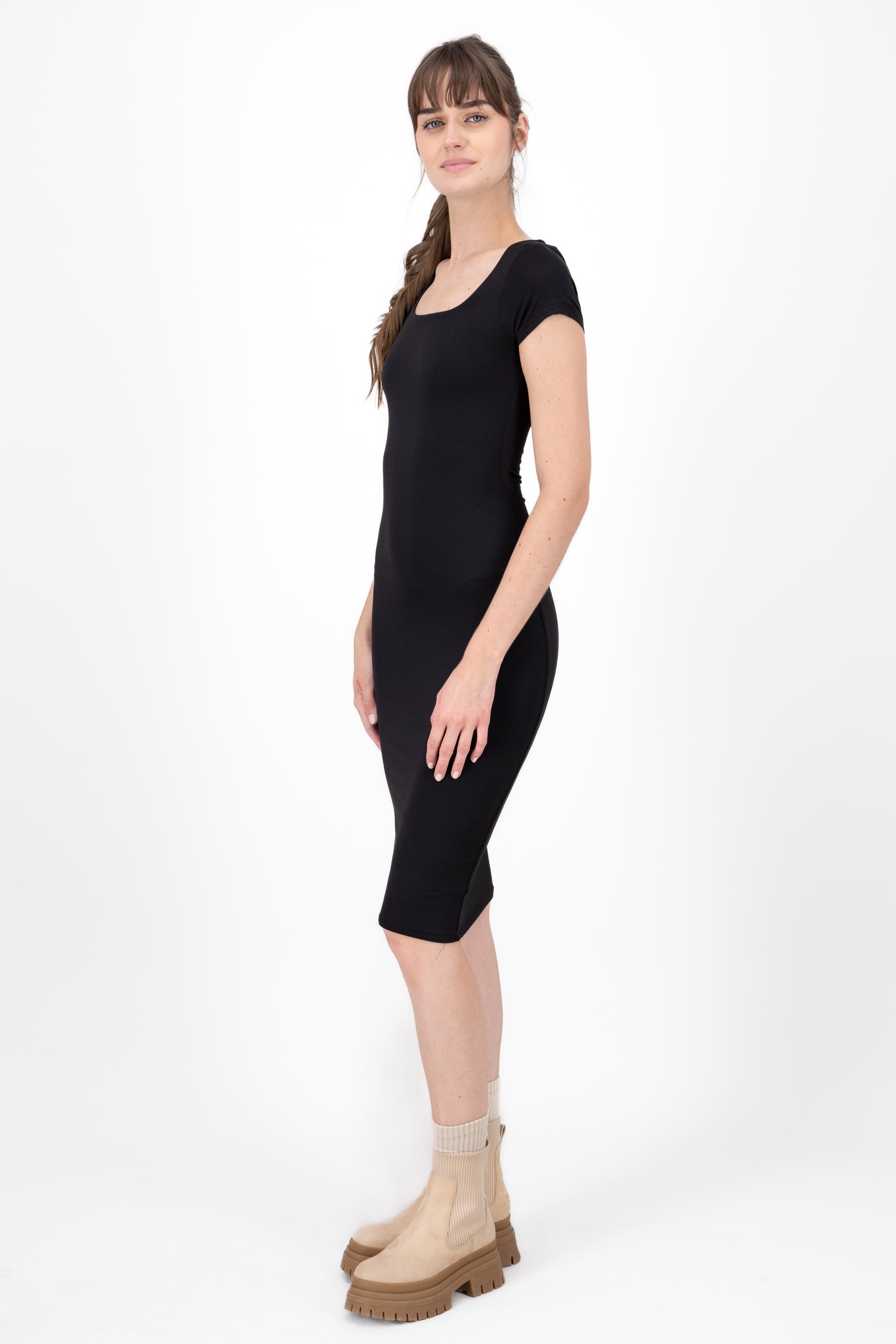 Vestido midi doble tela escote cuadrado NEGRO