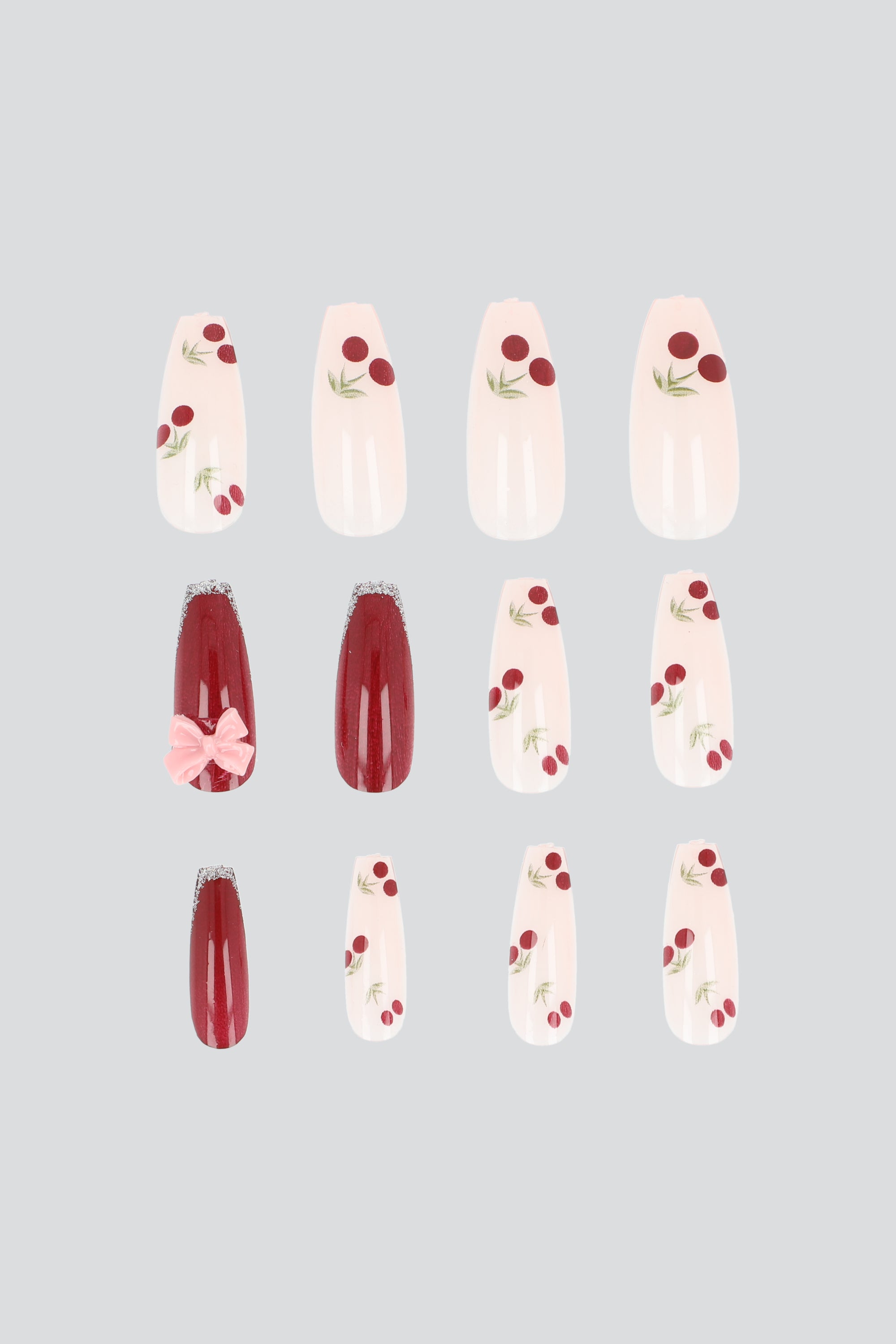 Set 12 uñas cerezas moño