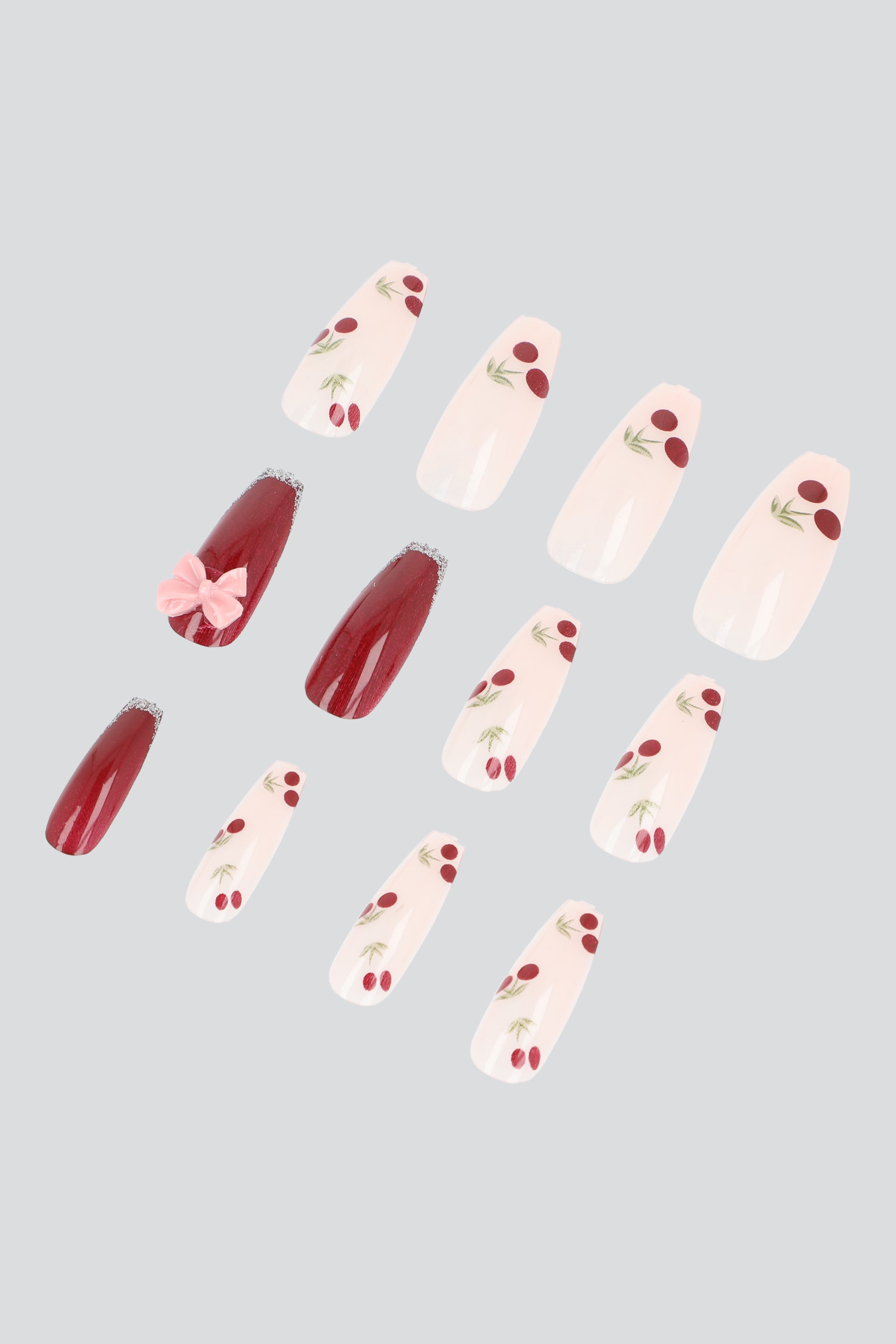 Set 12 uñas cerezas moño