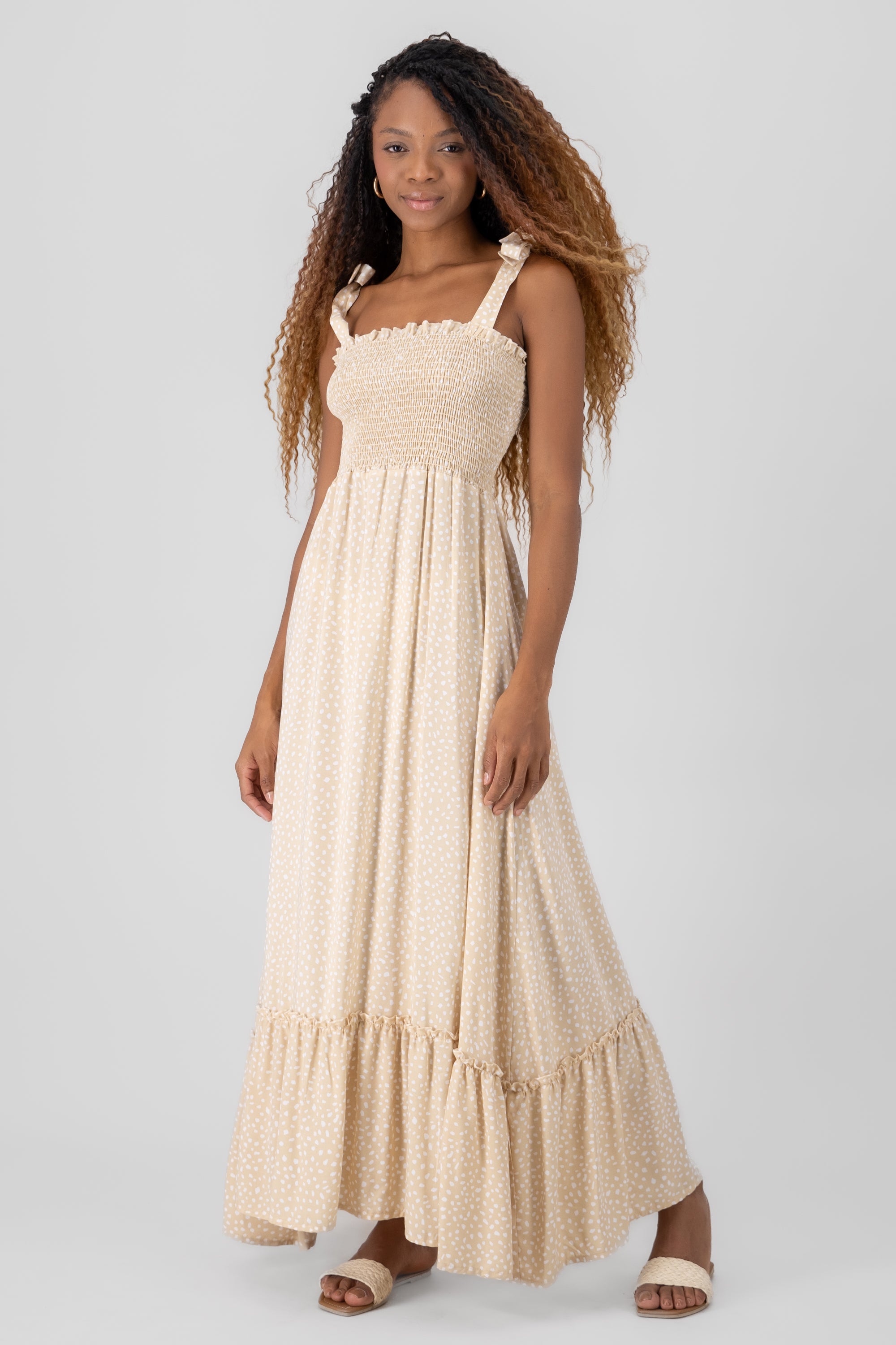 Vestido maxi tirantes moños BEIGE