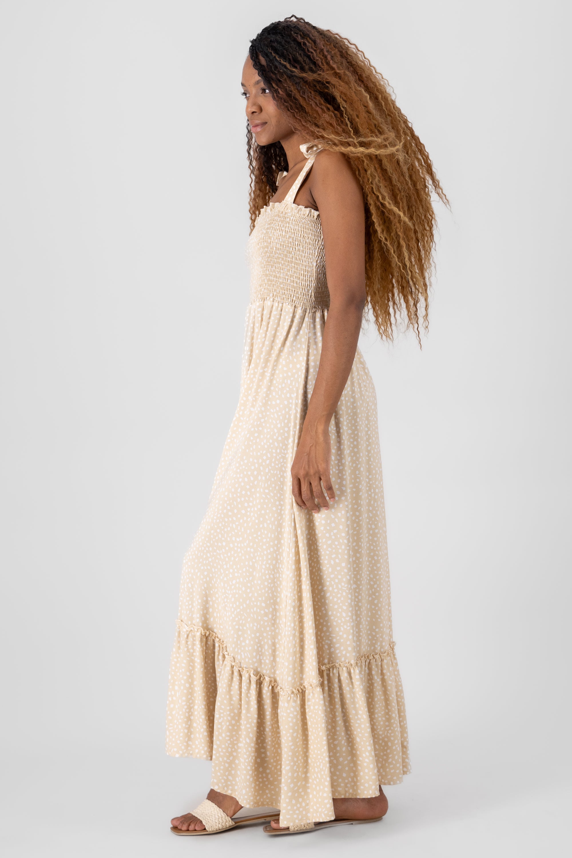 Vestido maxi tirantes moños BEIGE