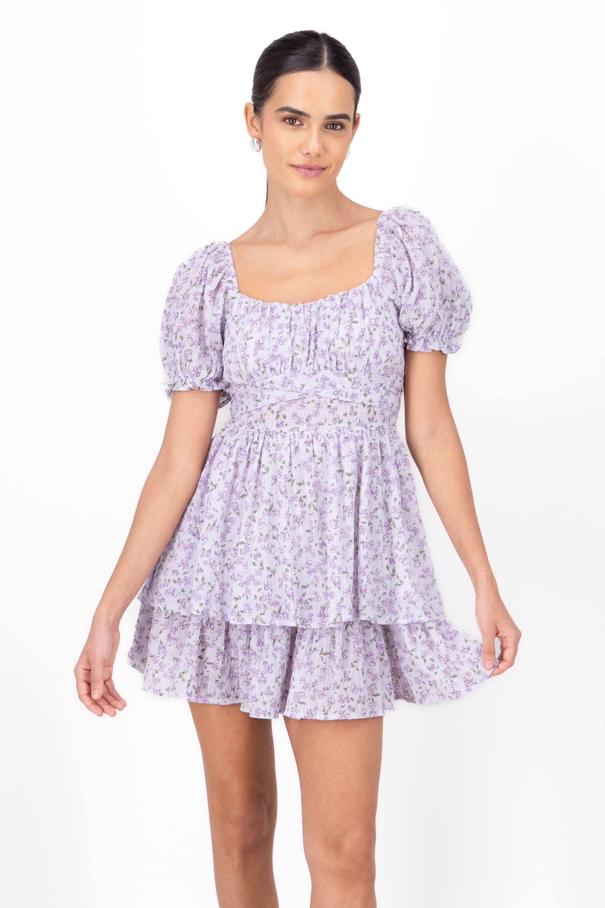 Vestido olanes flores textura MORADO COMBO