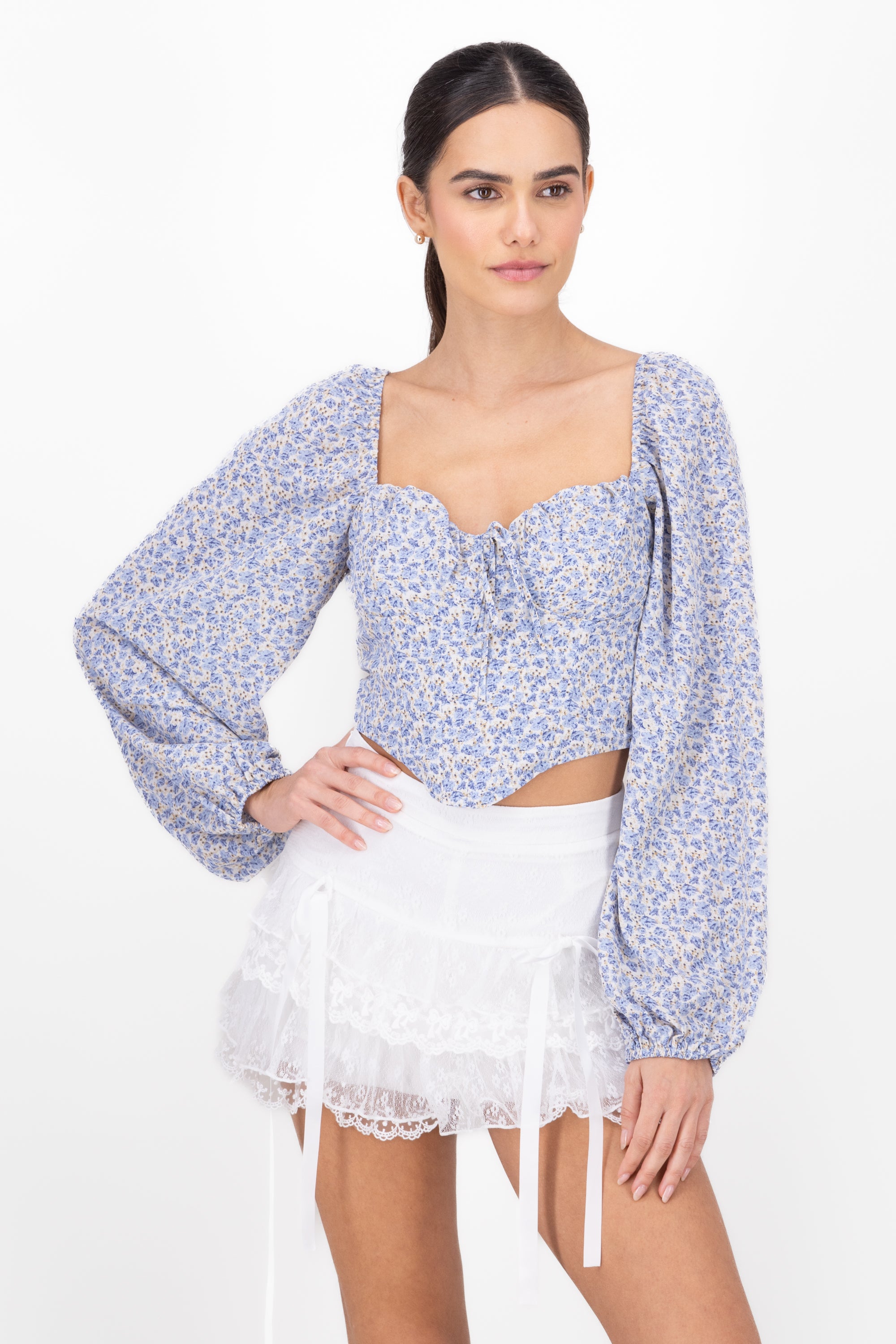 Blusa De Manga Larga Con Estampado De Flores AZUL COMBO