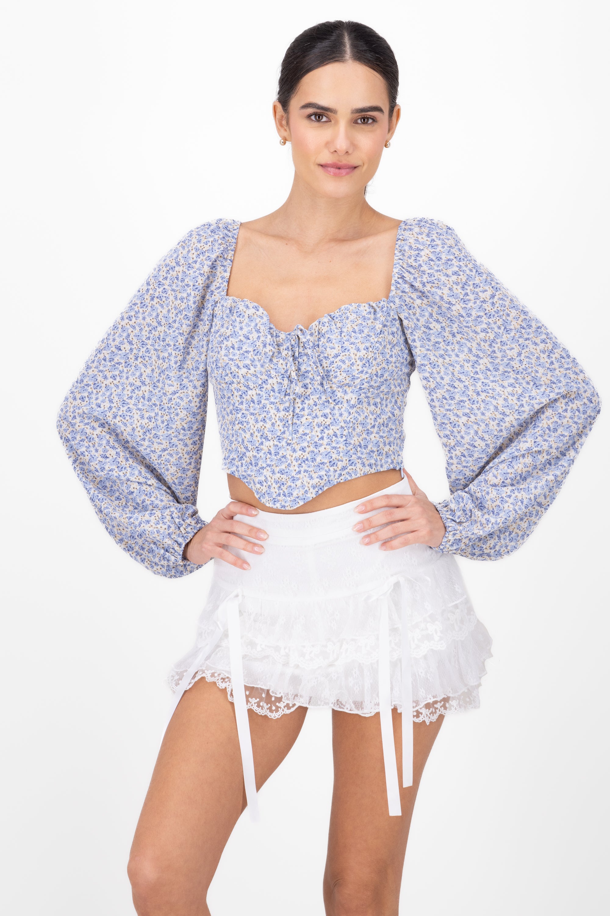 Blusa De Manga Larga Con Estampado De Flores AZUL COMBO