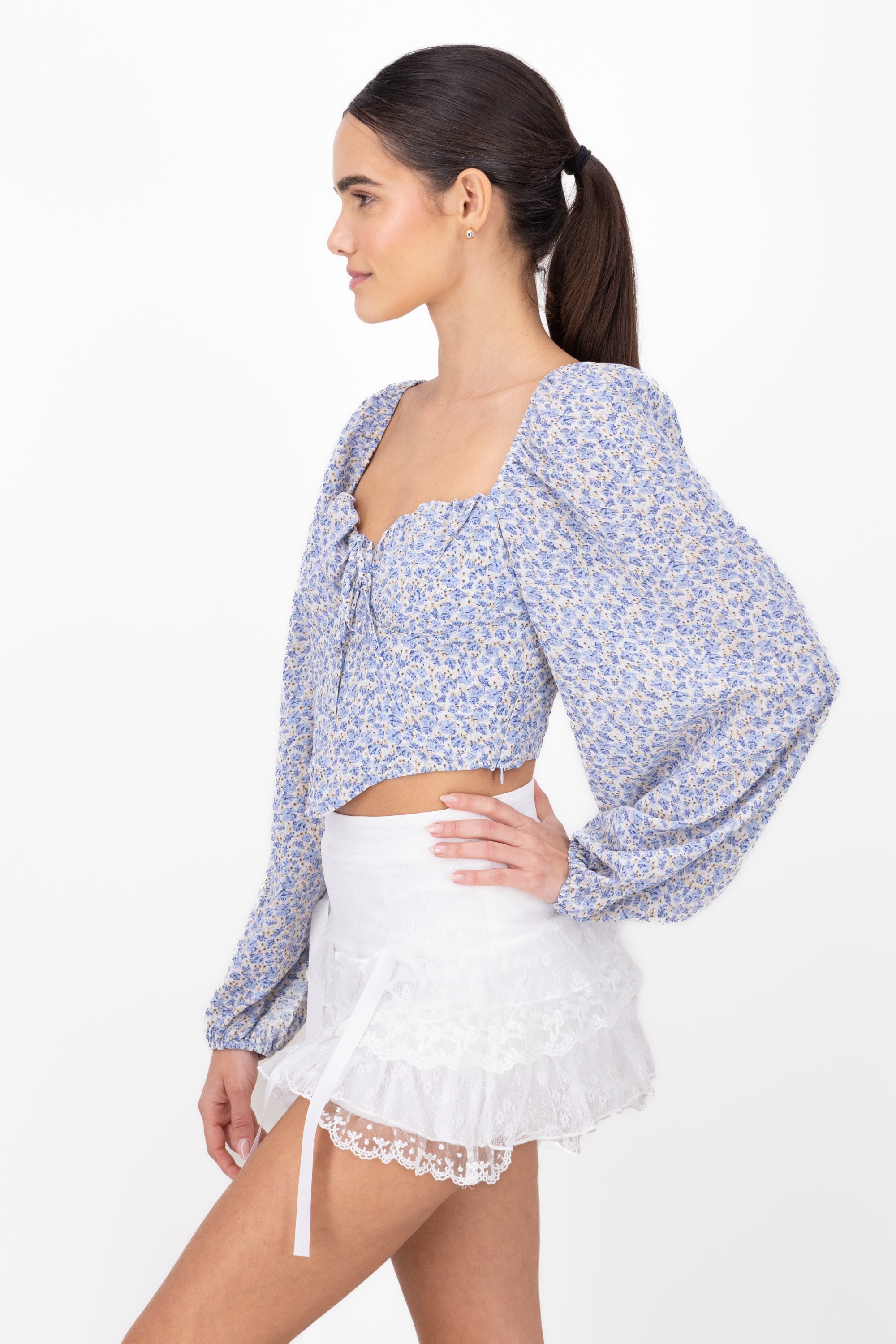 Blusa De Manga Larga Con Estampado De Flores AZUL COMBO