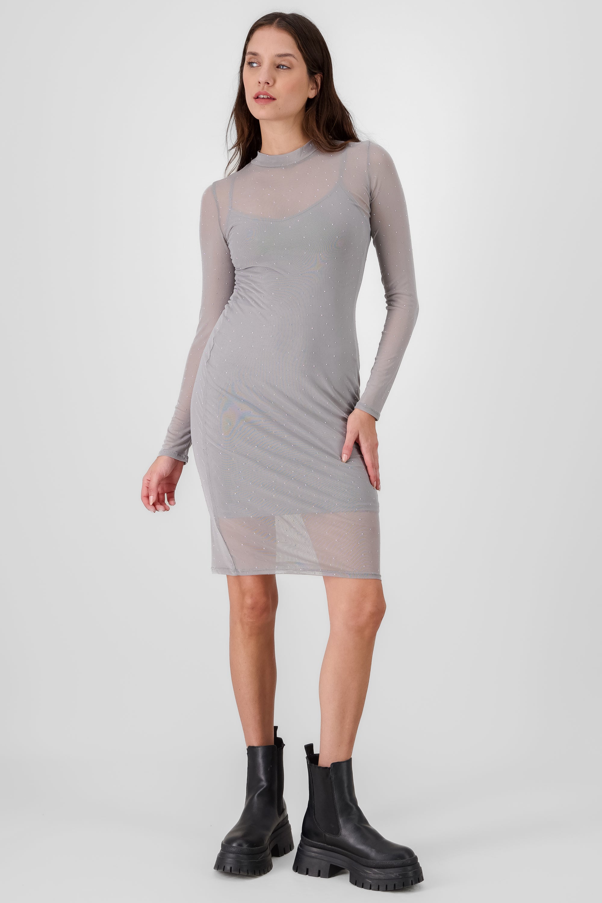 Vestido midi mesh con brillos GRIS