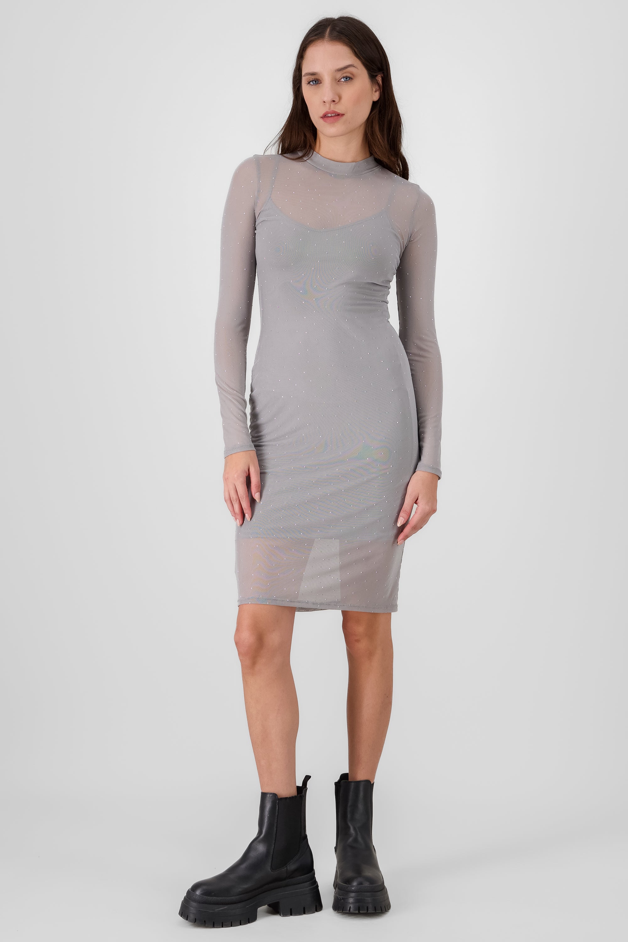 Vestido midi mesh con brillos GRIS