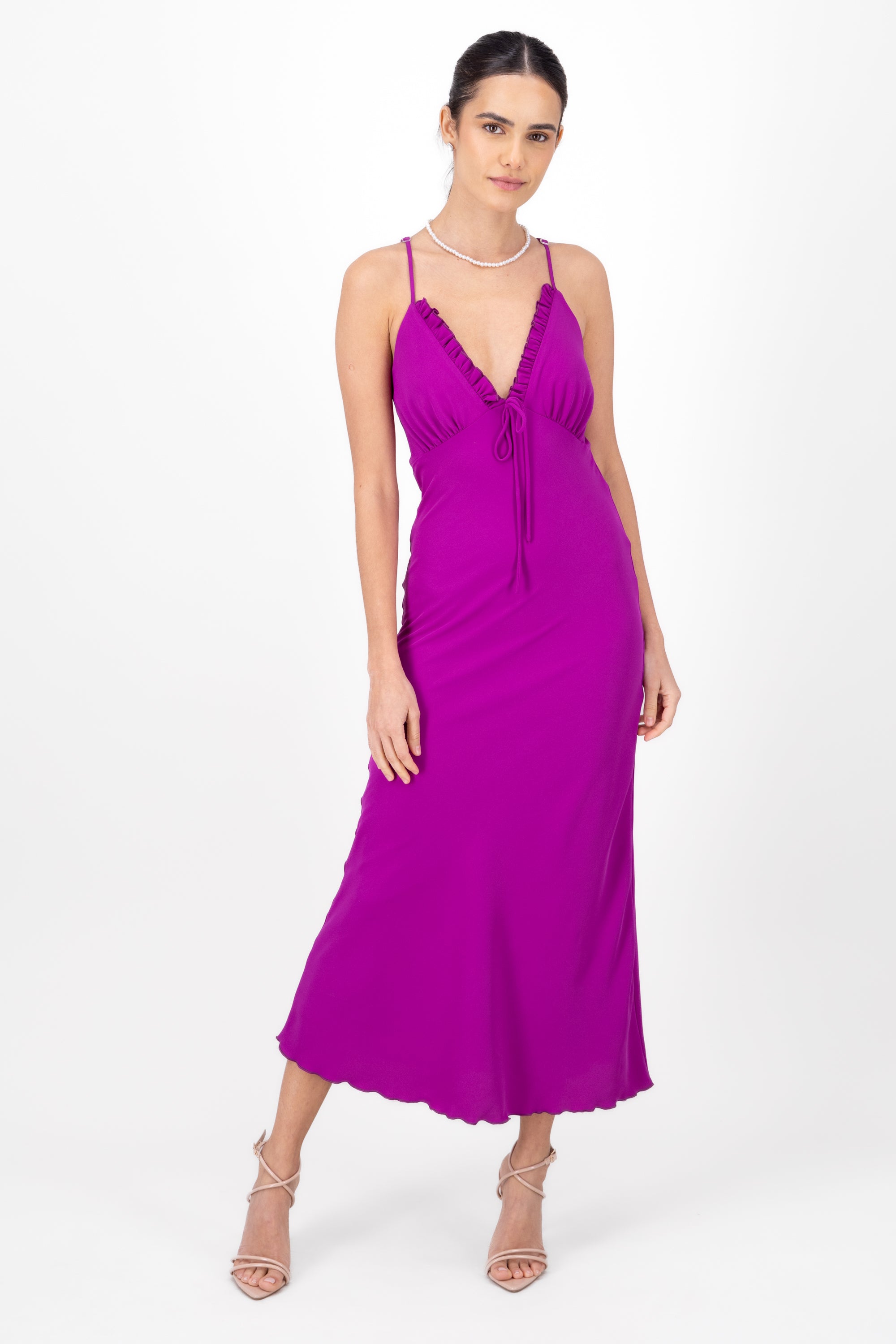 Vestido maxi detalle olanes escote BUGAMBILIA