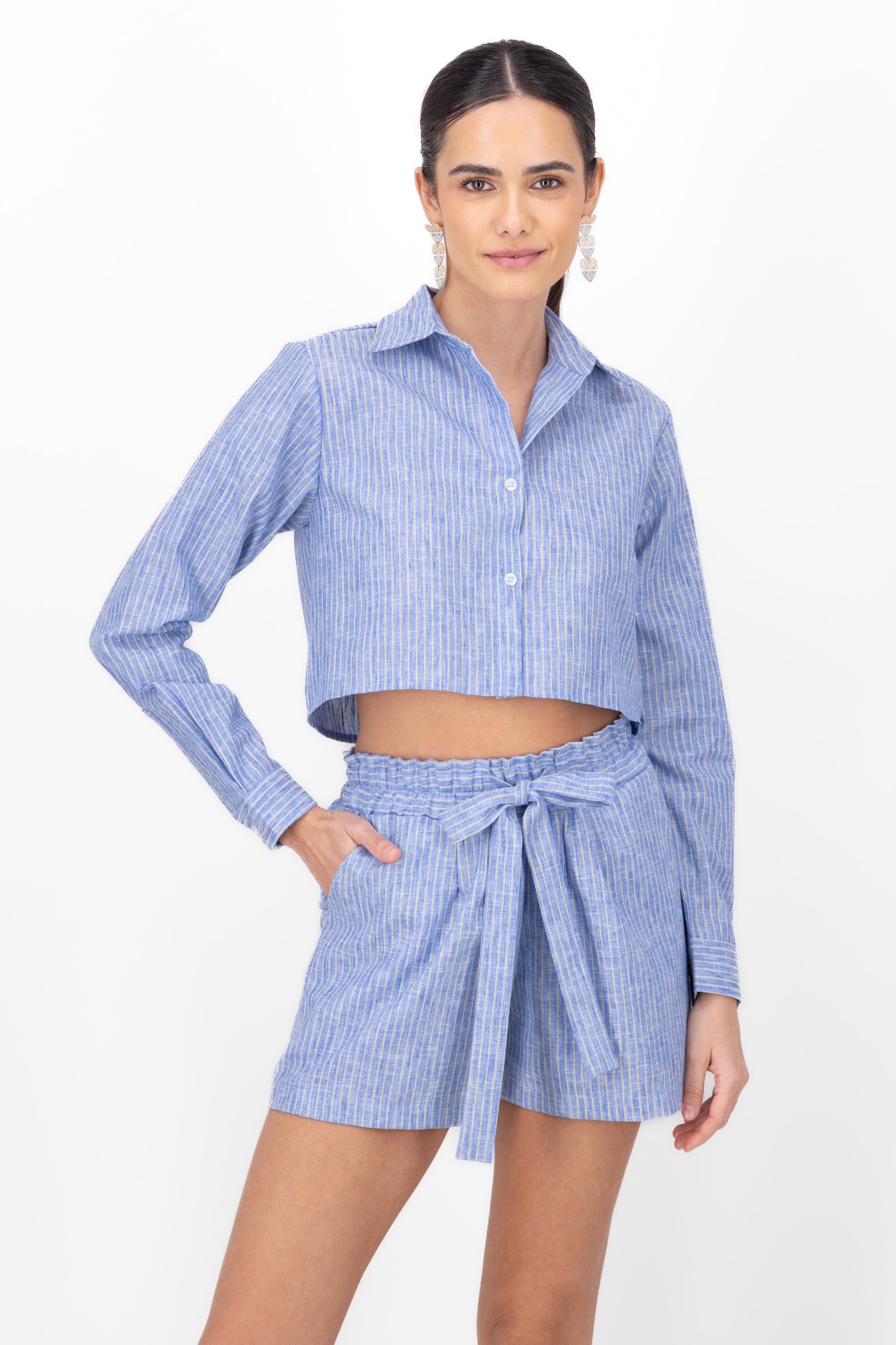 Camisa crop rayas lino AZUL COMBO