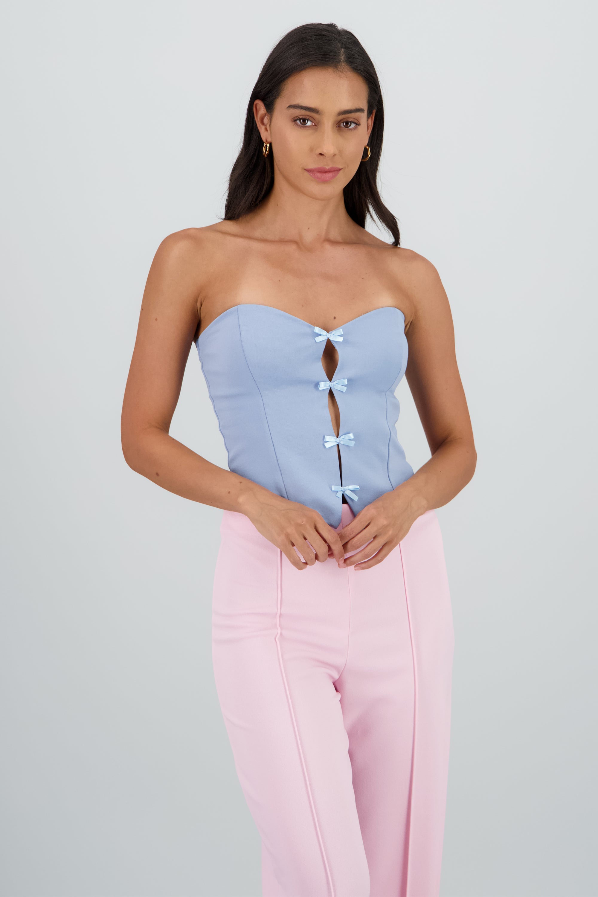Top strapless detalle moños AZUL PASTEL