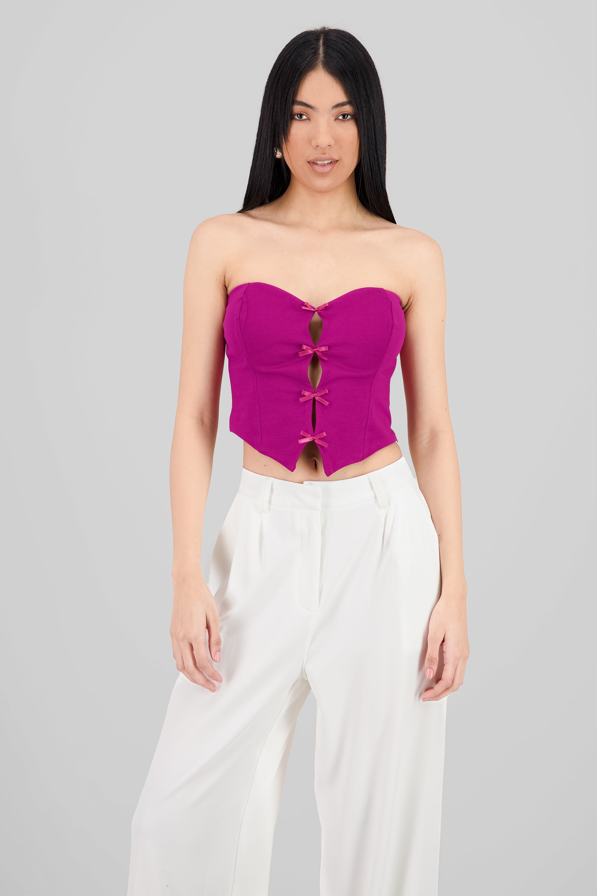 Top strapless detalle moños CIRUELA