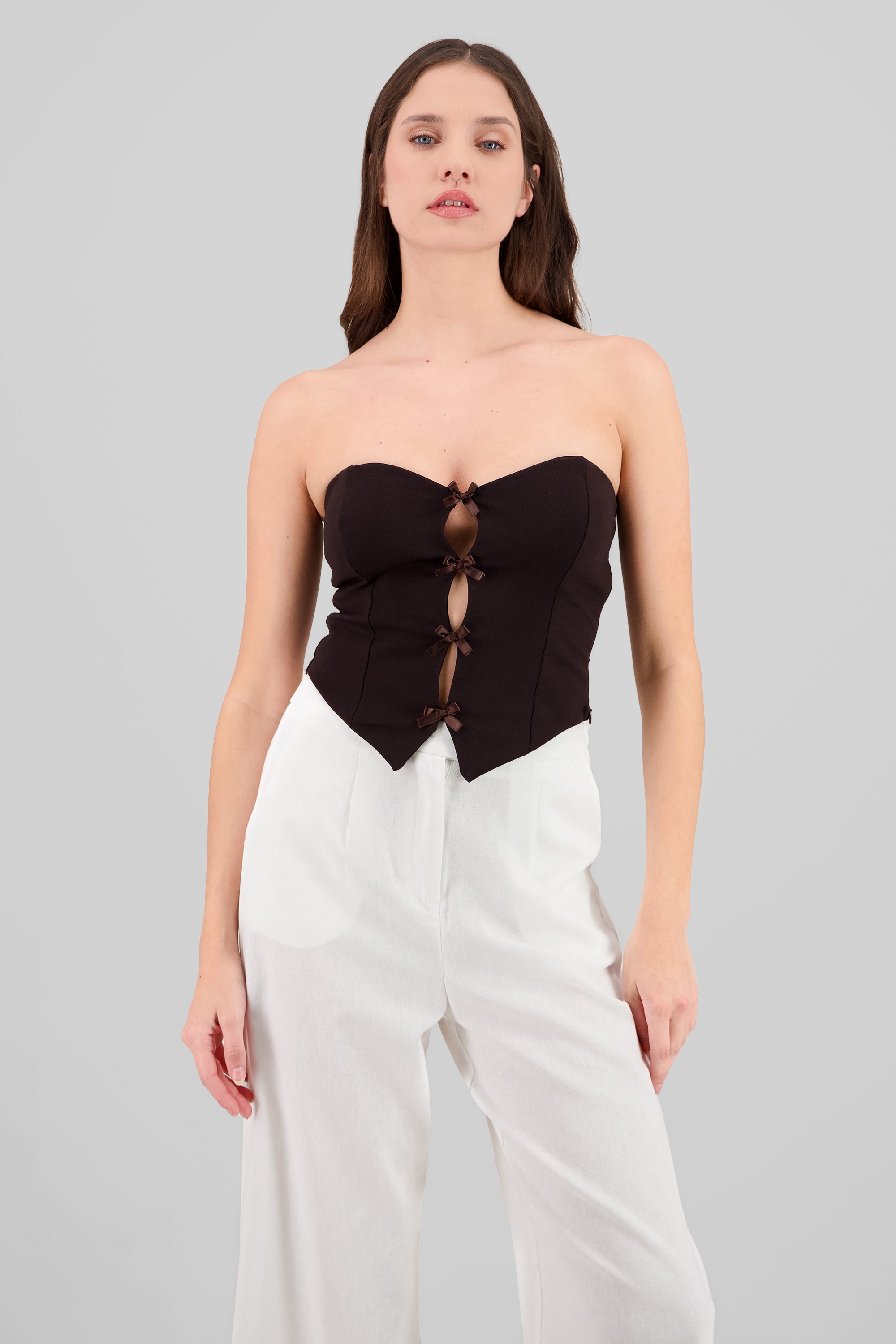 Top strapless detalle moños CHOCOLATE