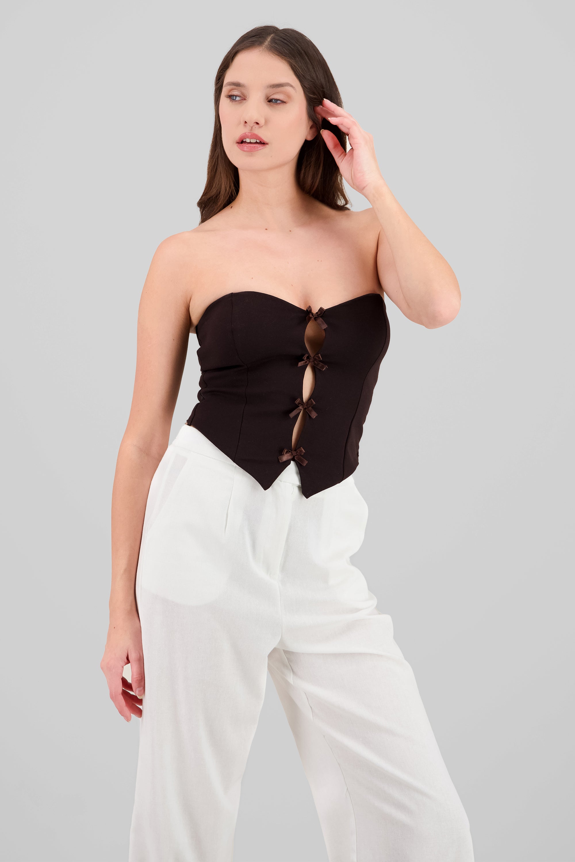 Top strapless detalle moños CHOCOLATE