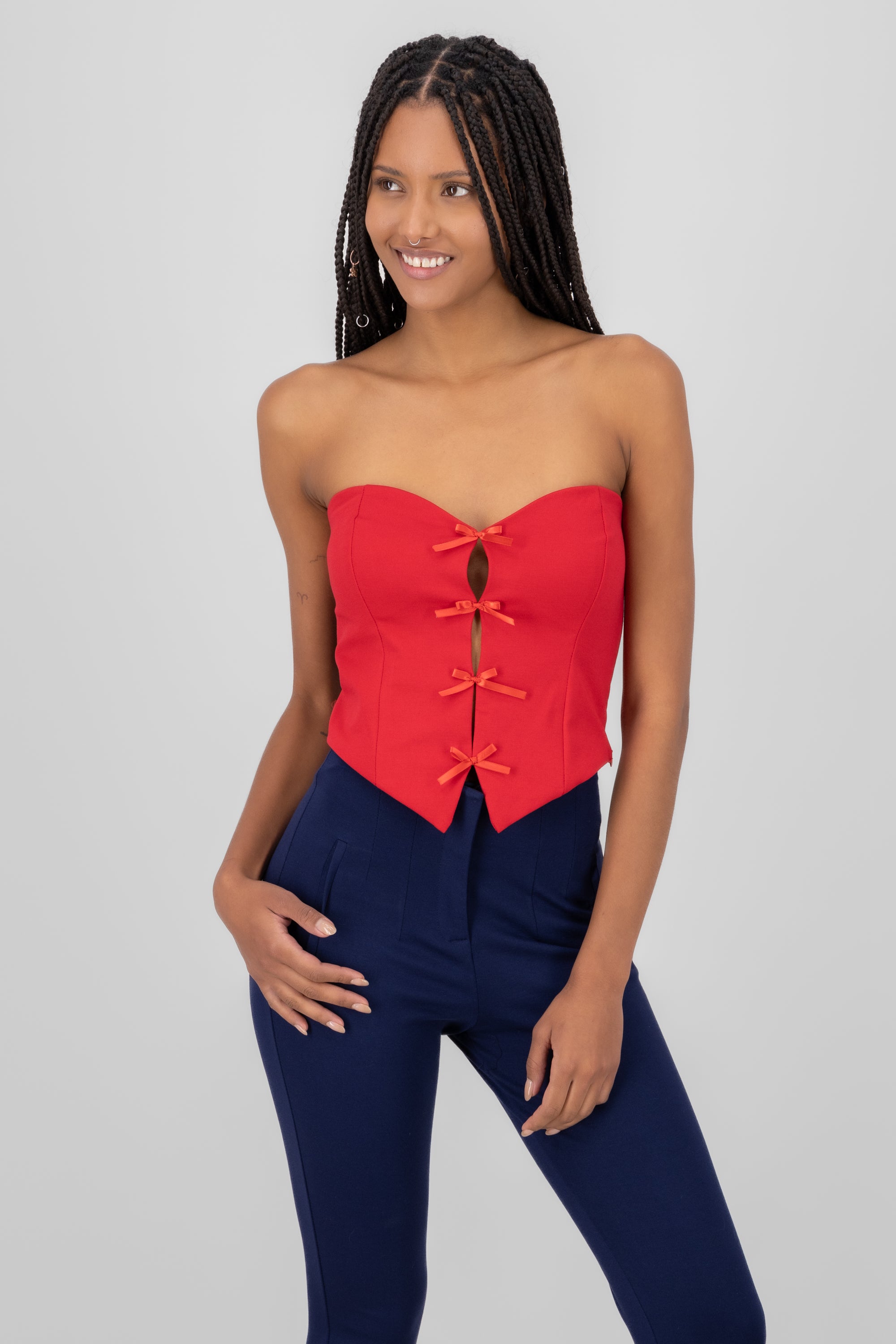 Top strapless detalle moños ROJO