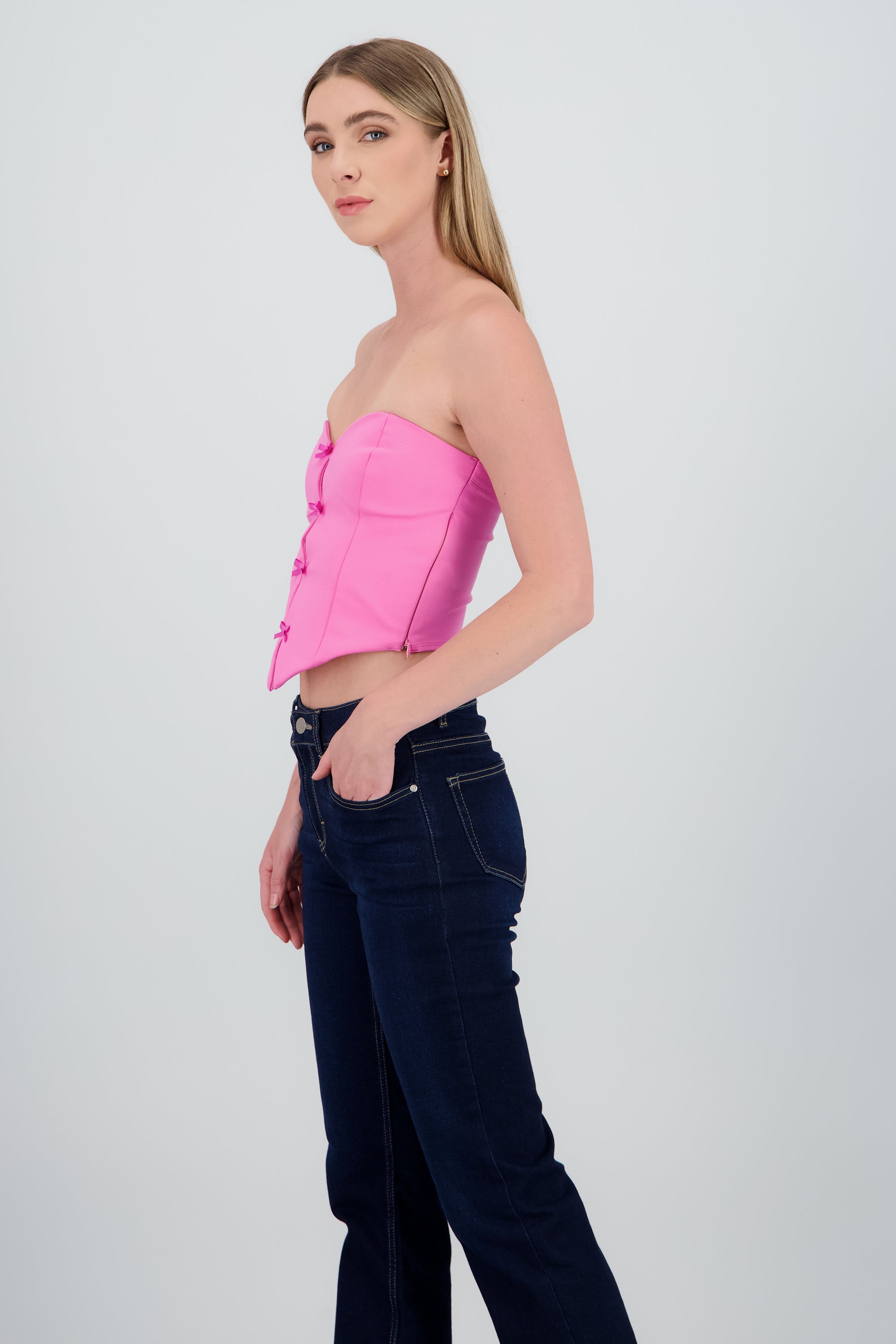 Top strapless detalle moños ROSA