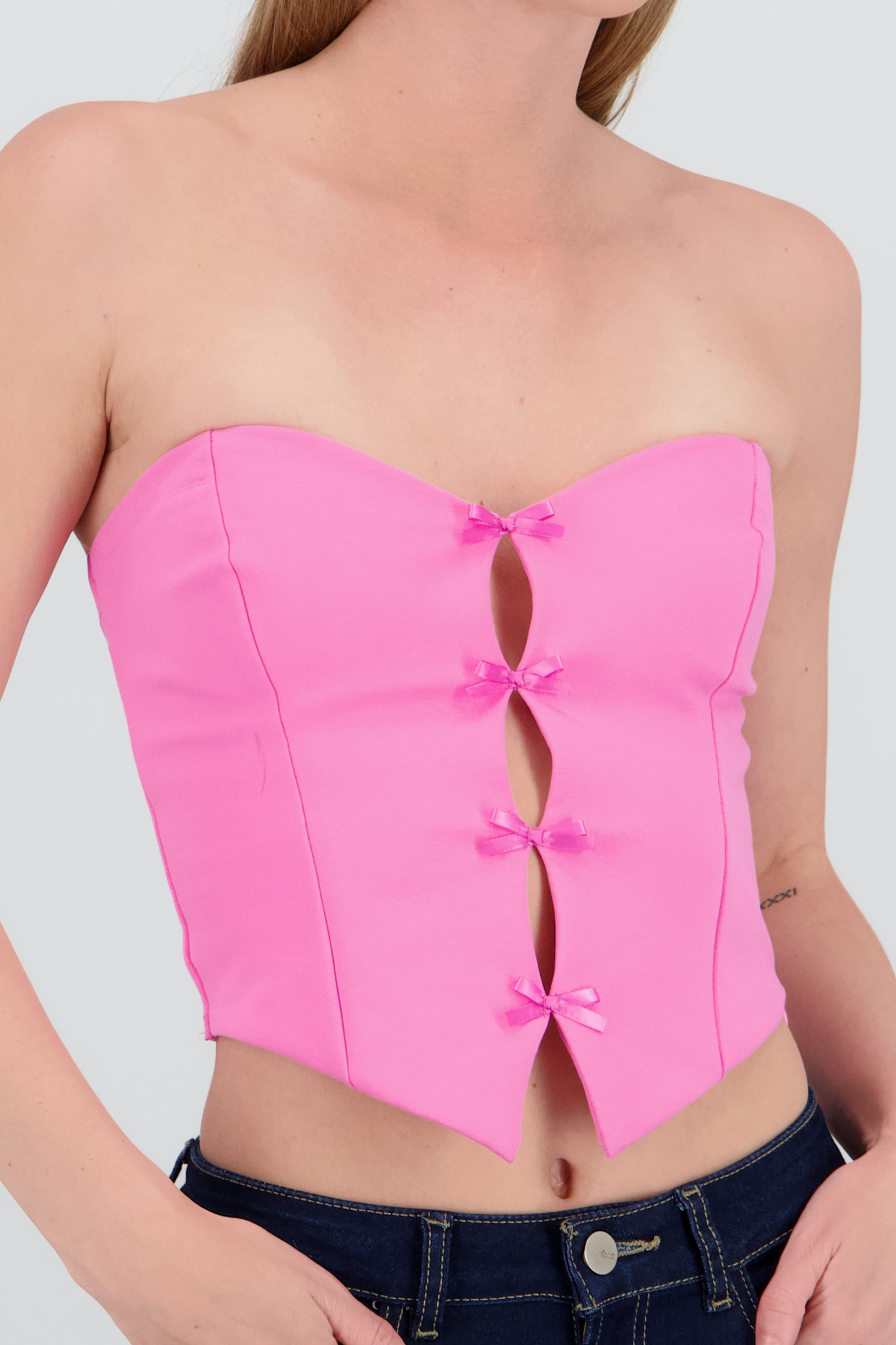 Top strapless detalle moños ROSA