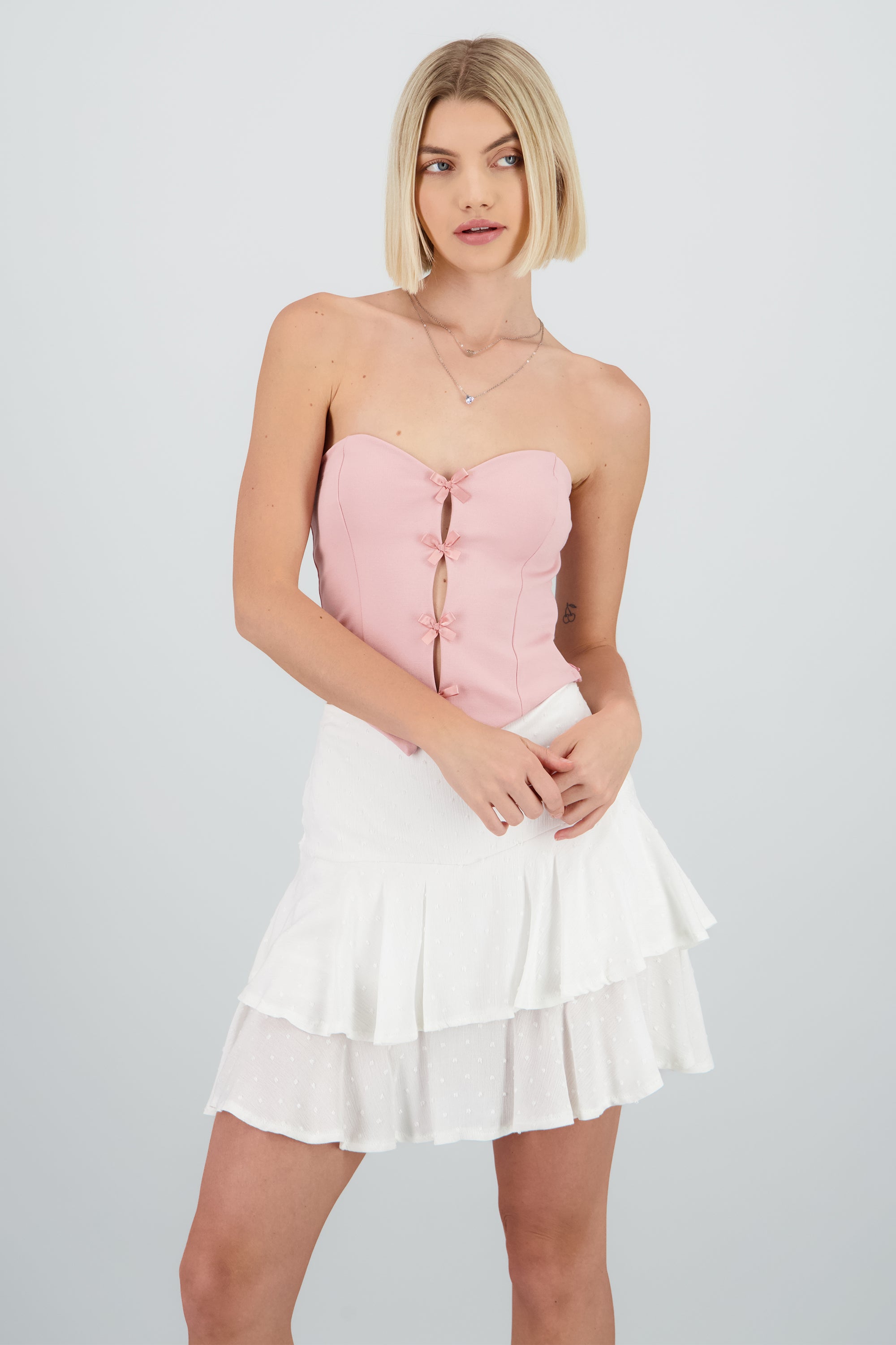 Top strapless detalle moños ROSA PASTEL