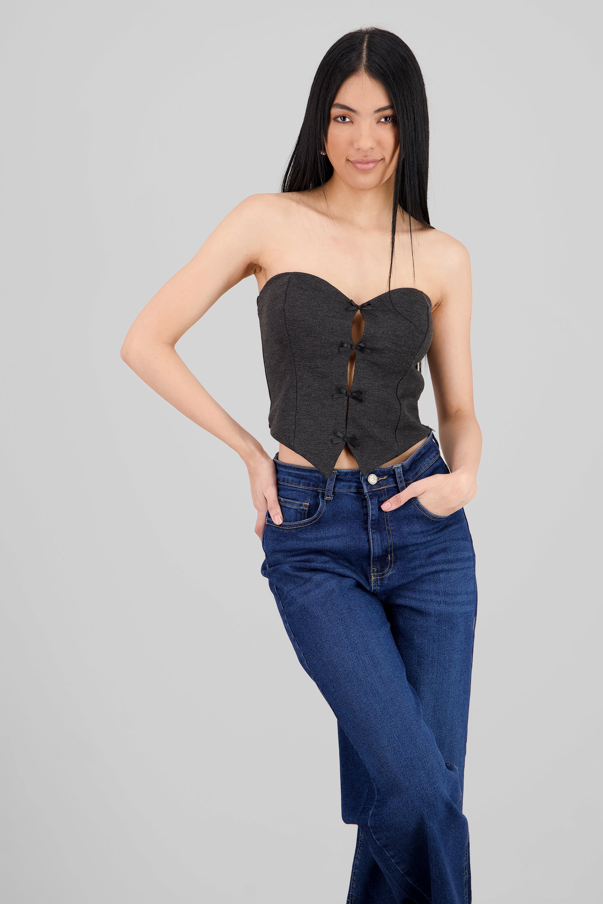 Top strapless detalle moños GRIS OBSCURO