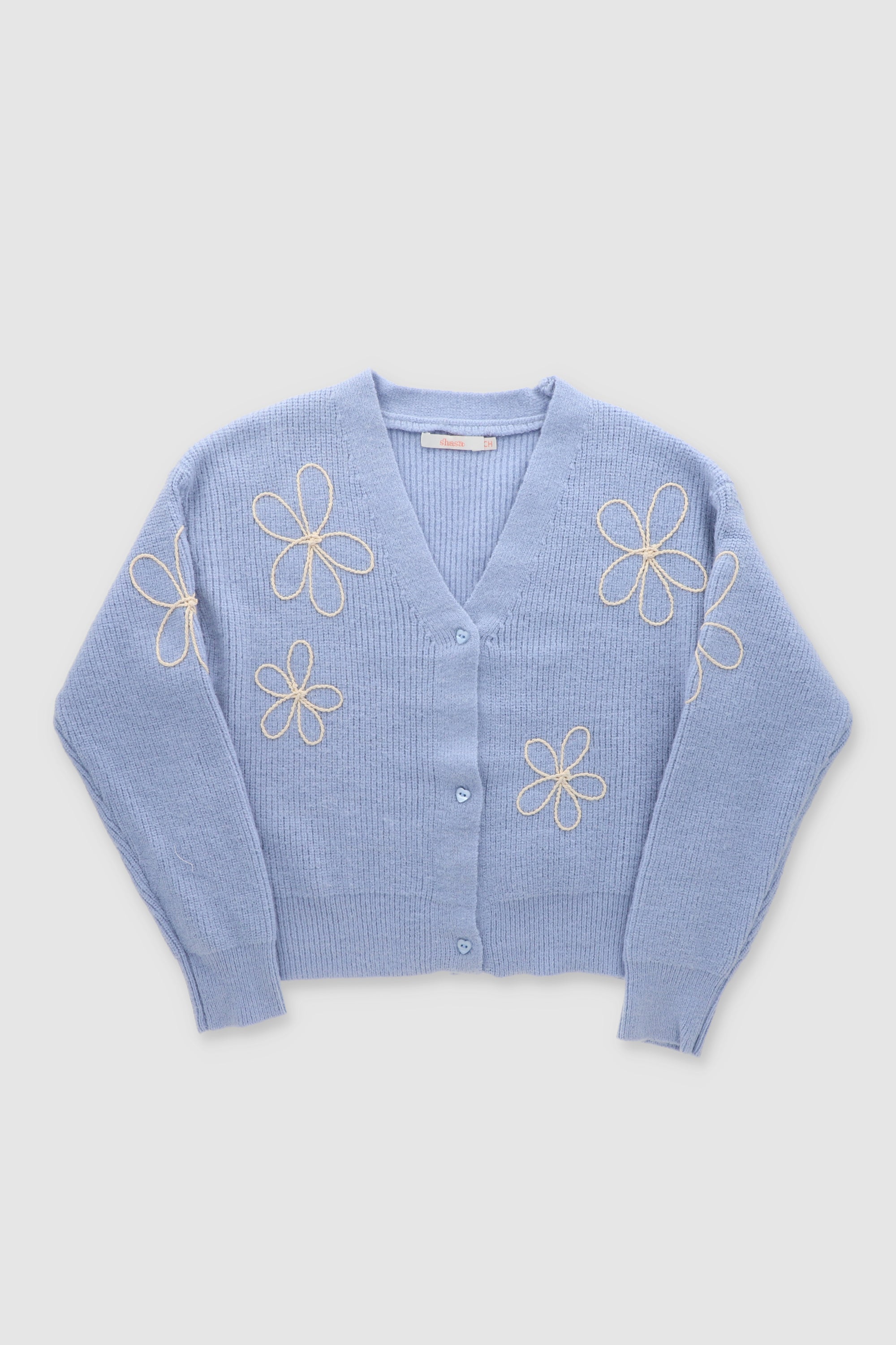 Cardigan tejido bordado flores AZUL CIELO