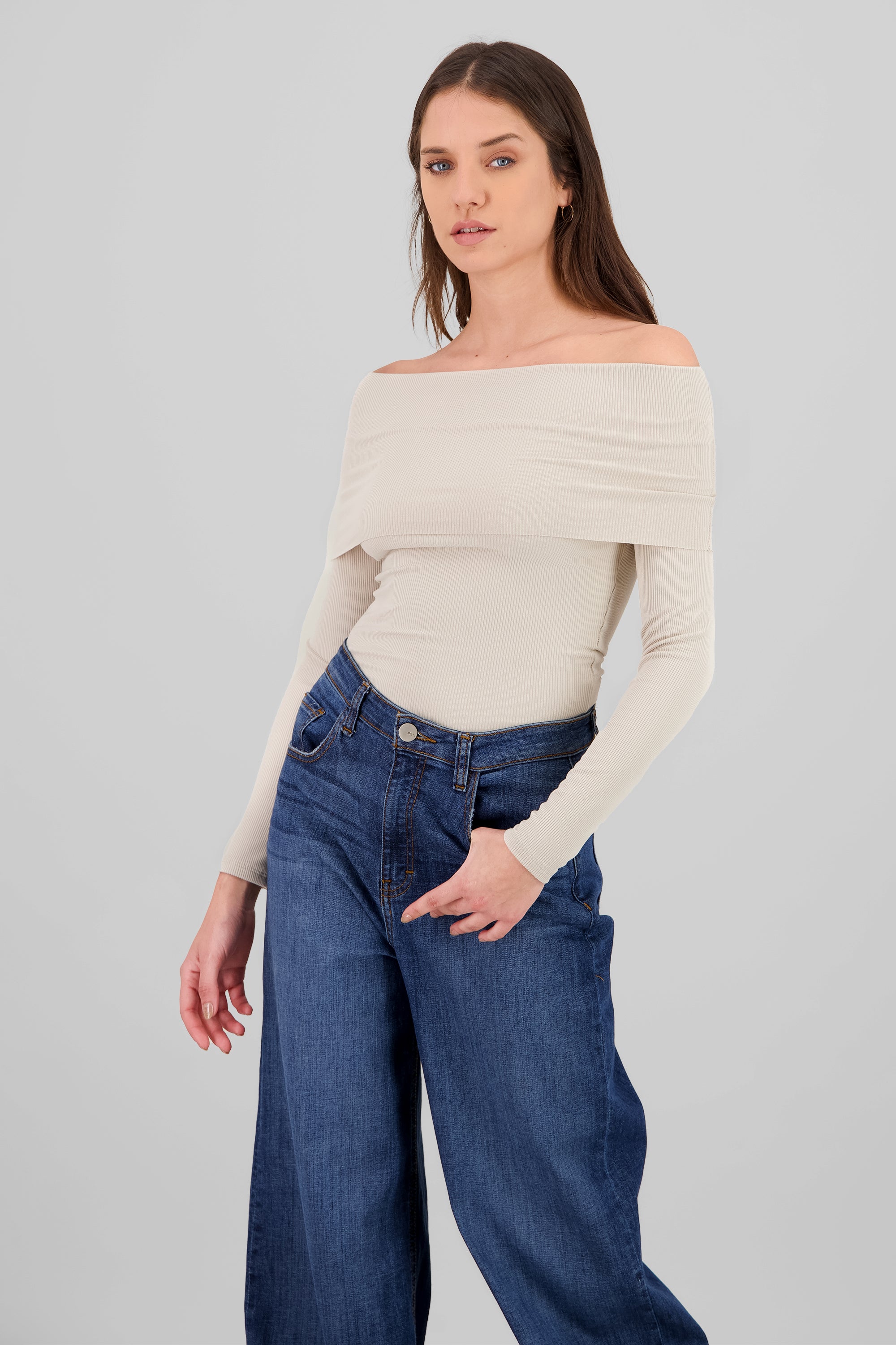 Top rib off shoulder BEIGE