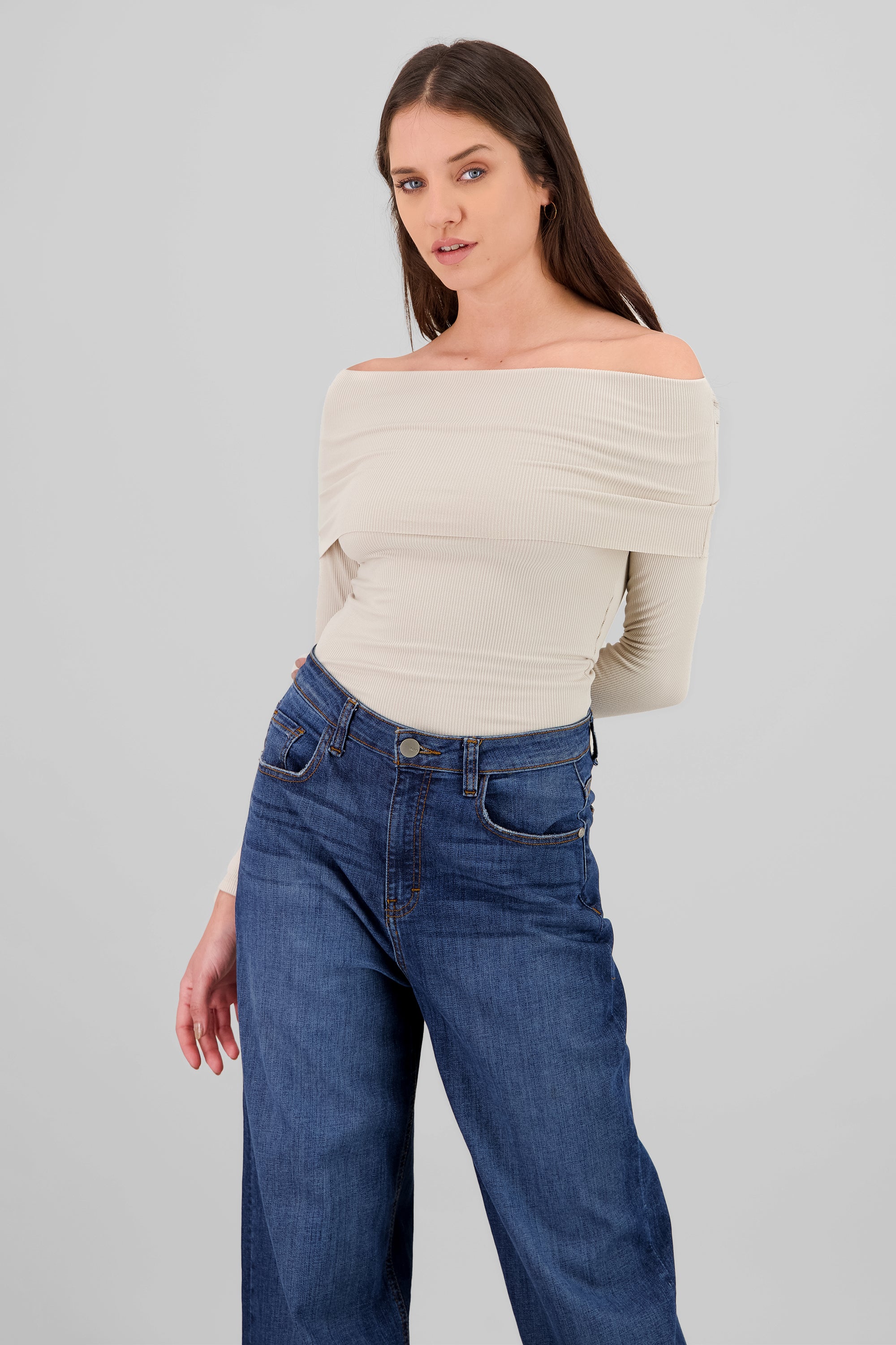 Top rib off shoulder BEIGE