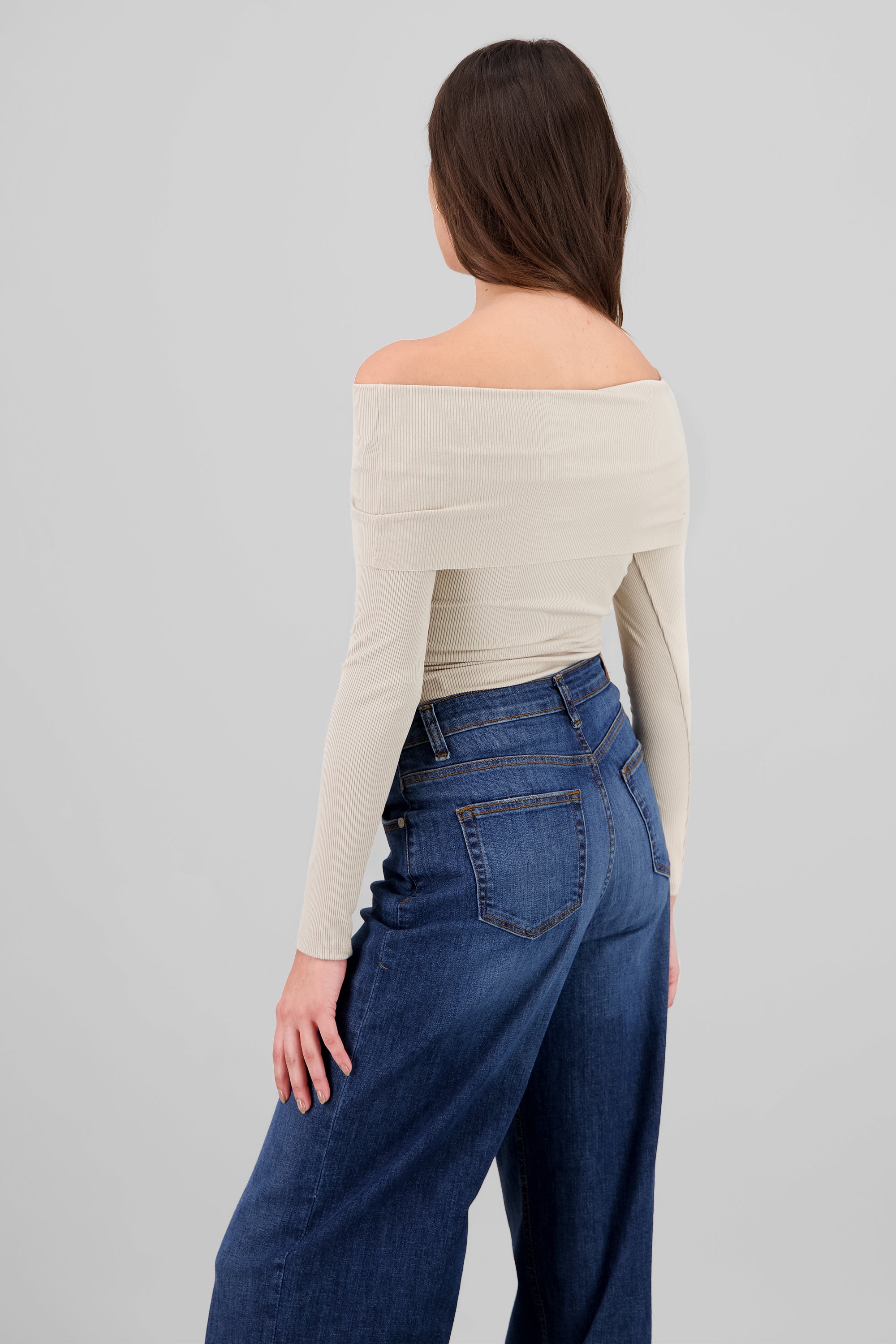 Top rib off shoulder BEIGE