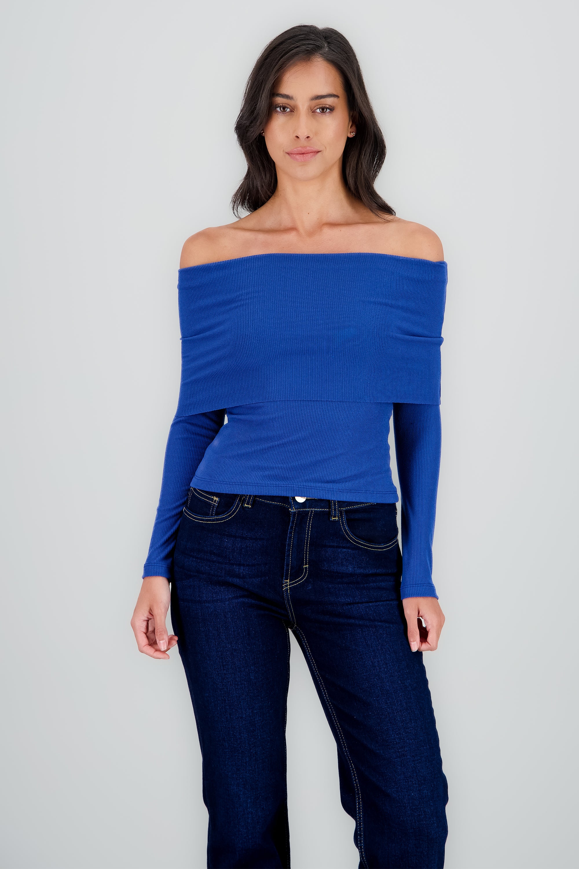 Top rib off shoulder AZUL