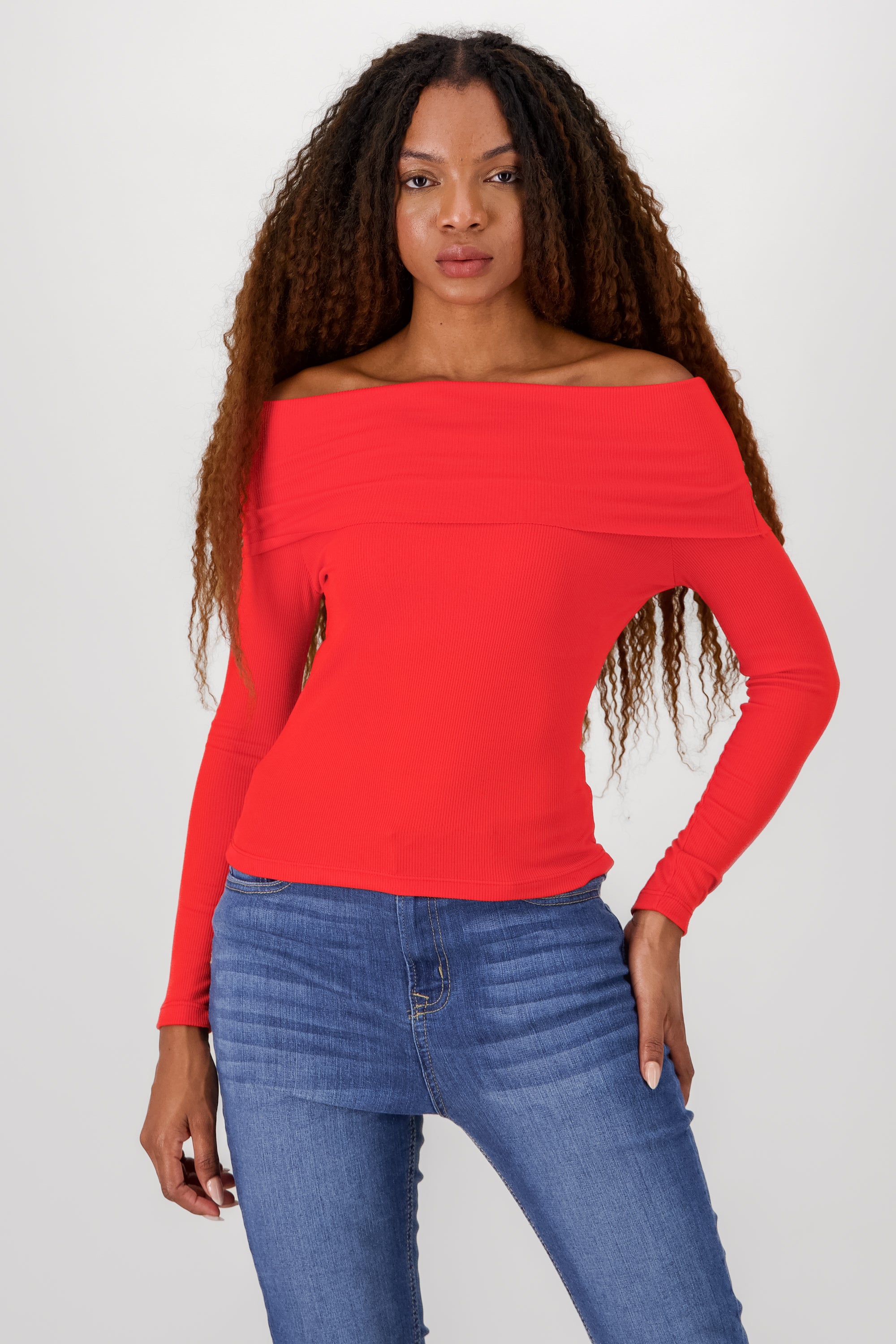 Top rib off shoulder ROJO