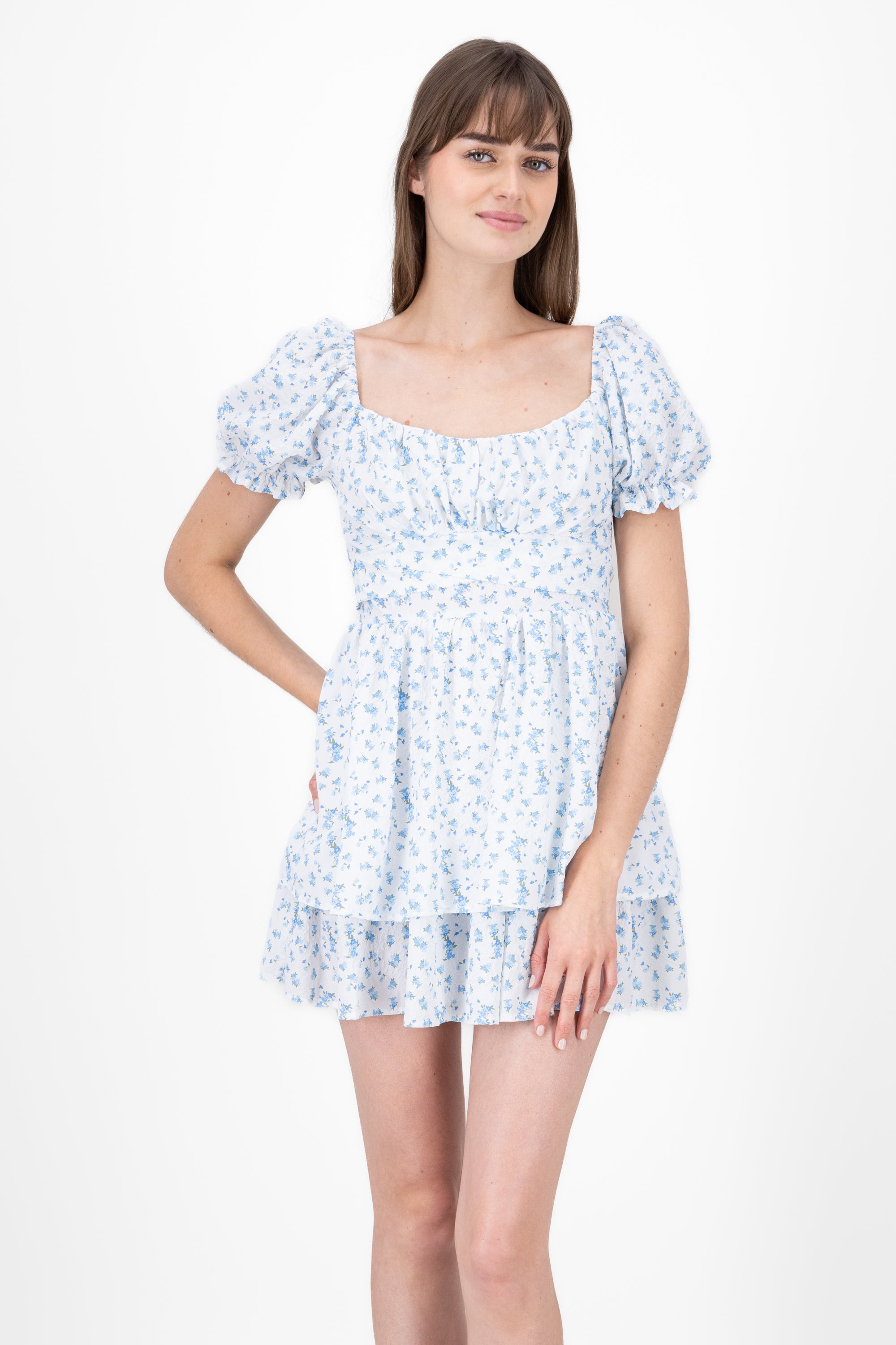 Vestido con olanes estampado flores AZUL COMBO