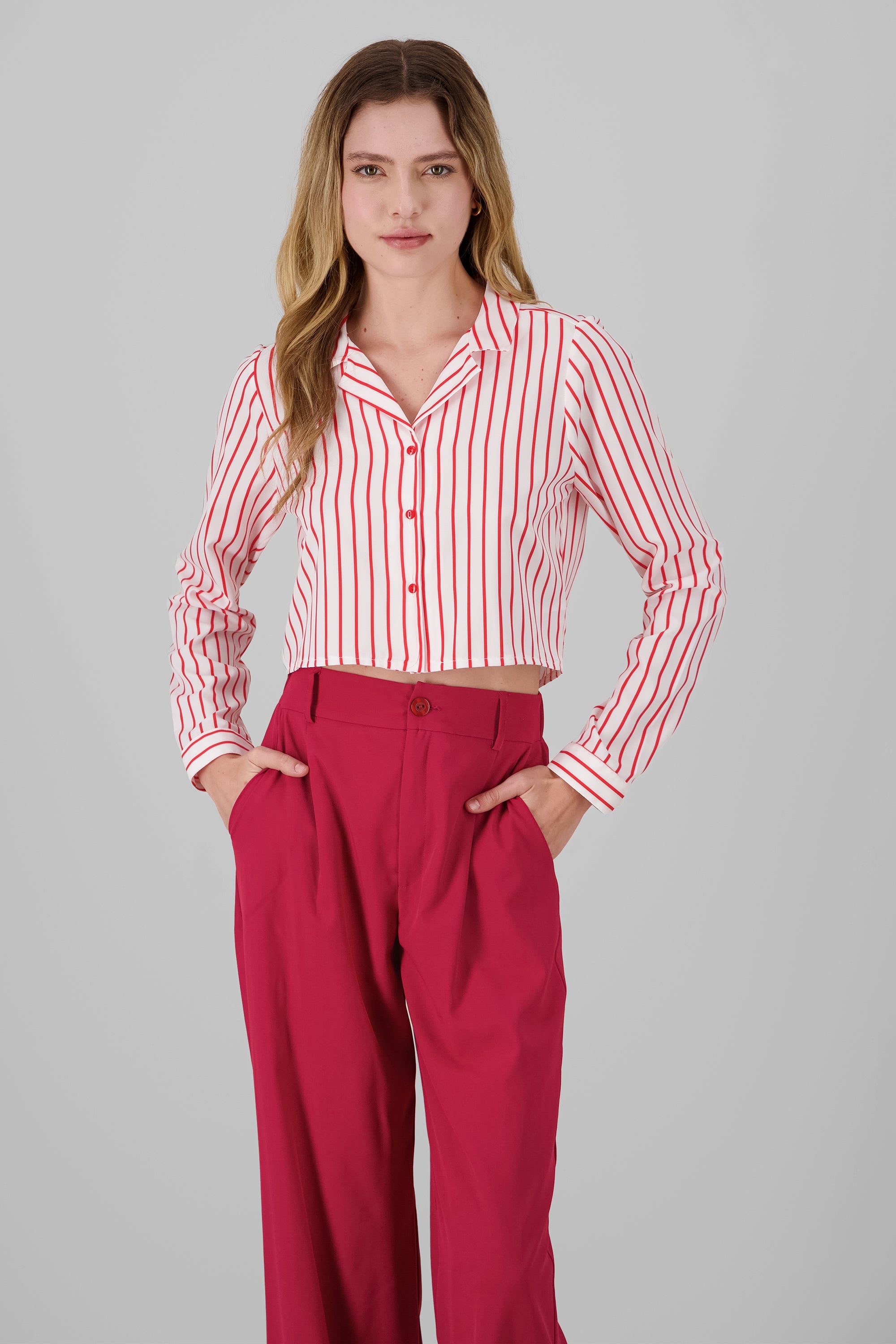 Camisa crop manga larga detalle rayas ROJO COMBO