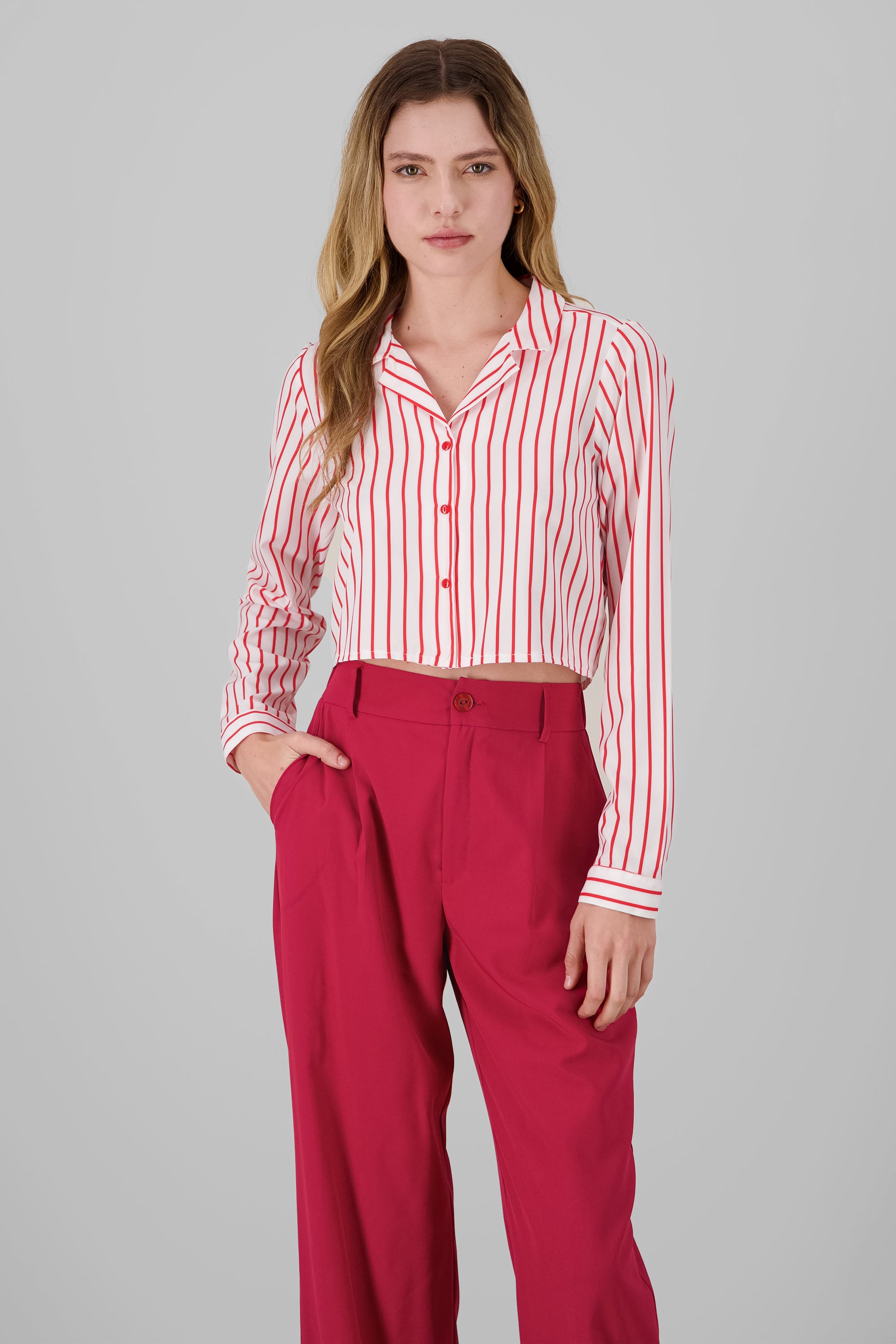 Camisa crop manga larga detalle rayas ROJO COMBO