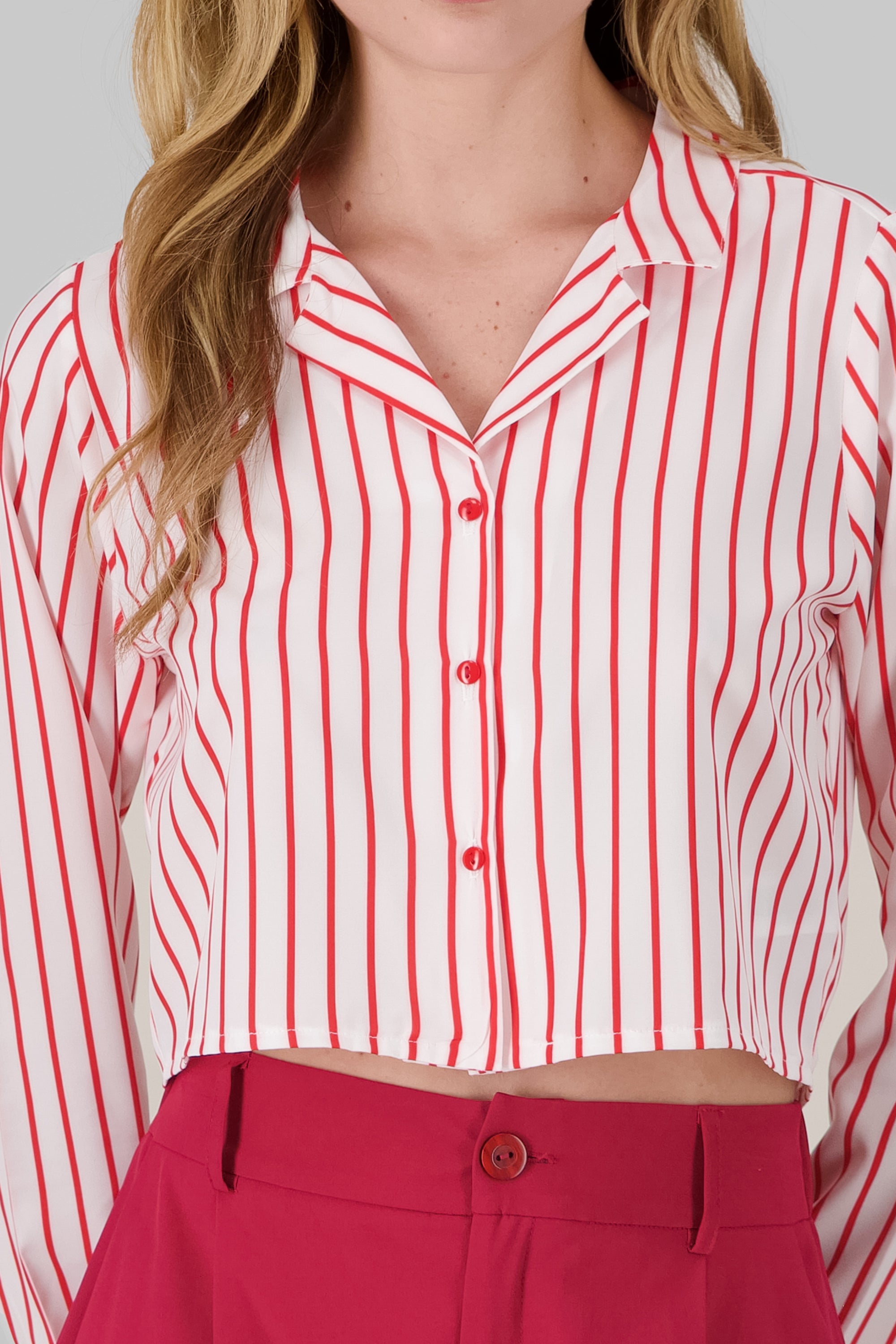 Camisa crop manga larga detalle rayas ROJO COMBO