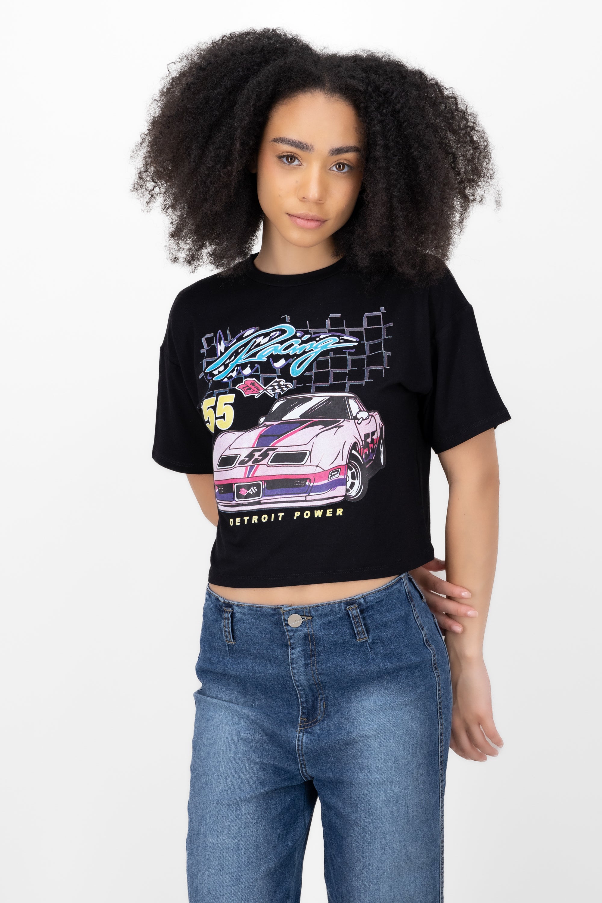 Playera crop estampado racing NEGRO