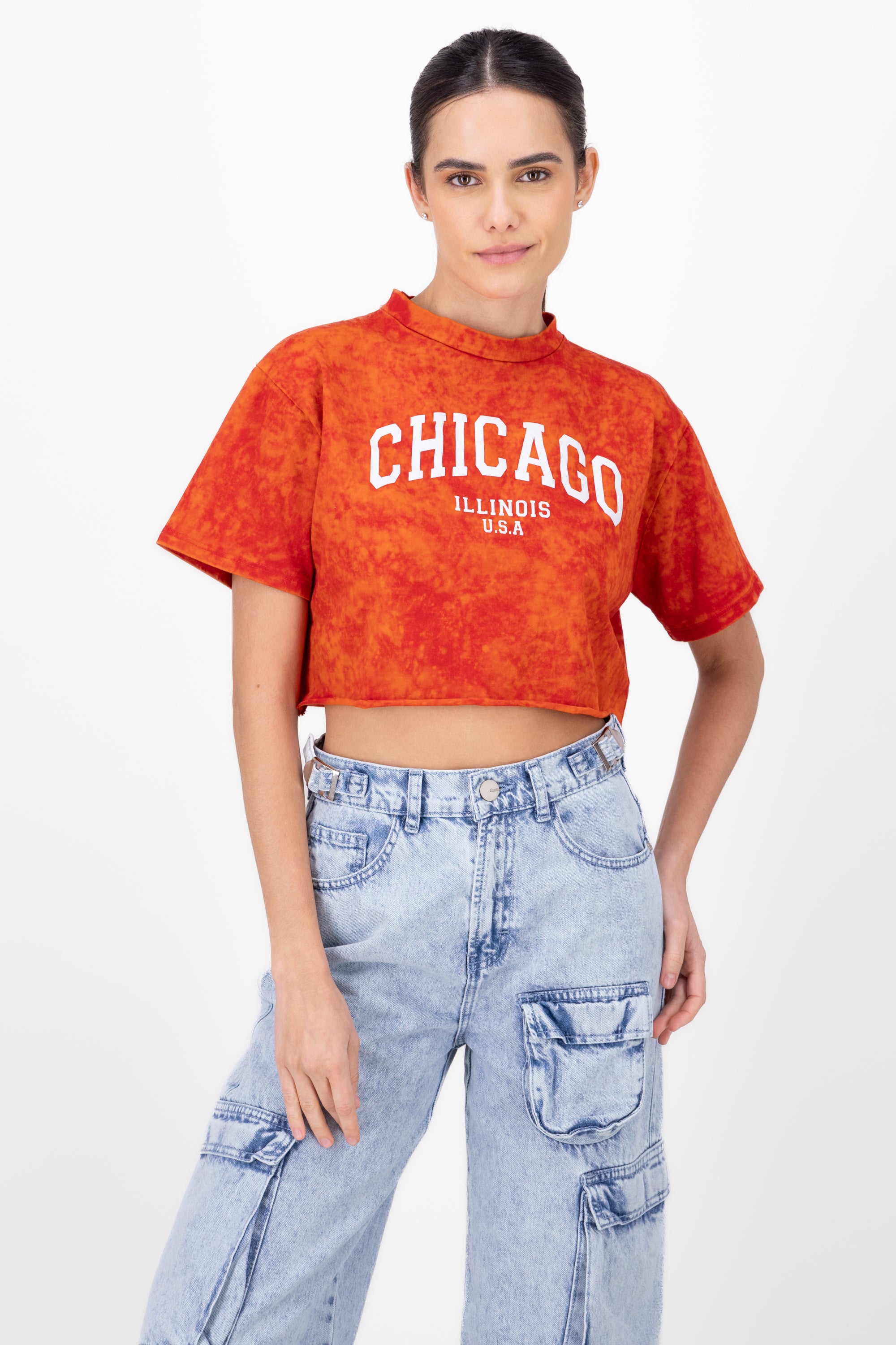 Playera crop acid wash chicago ROJO