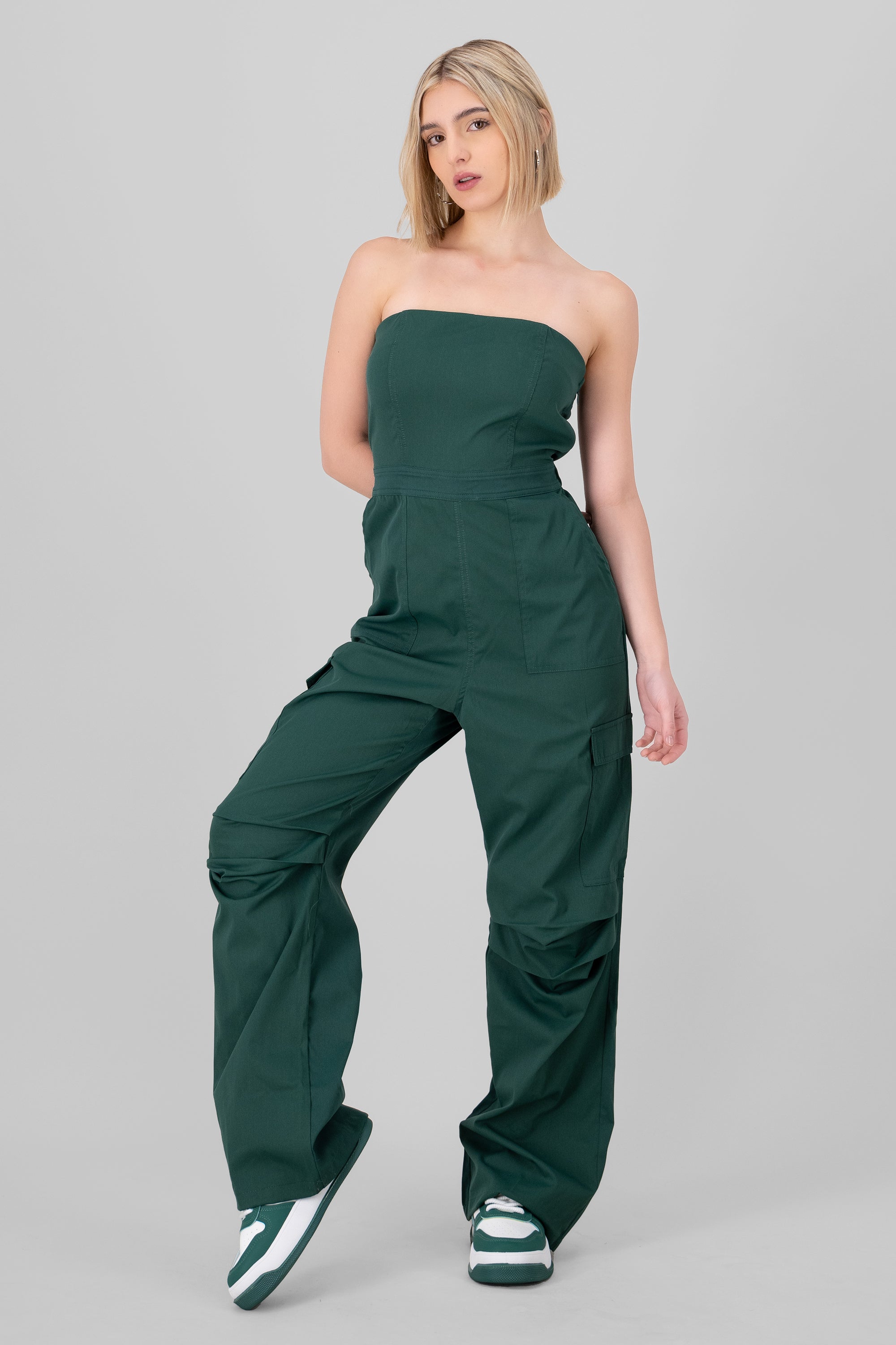 JUMPSUIT STRAPLESS CARGO VERDE CAZADOR