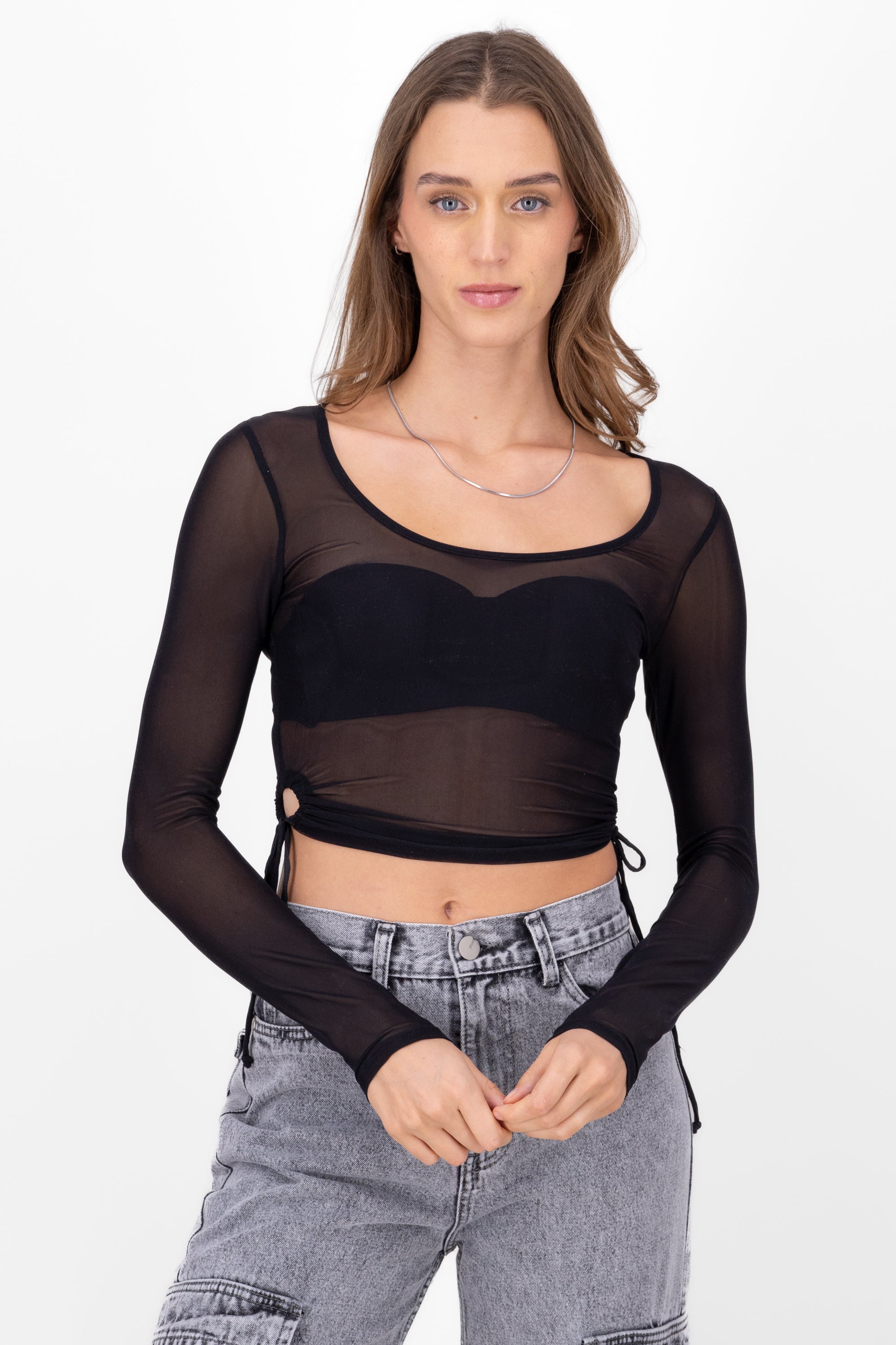 Top de manga larga de mesh liso NEGRO