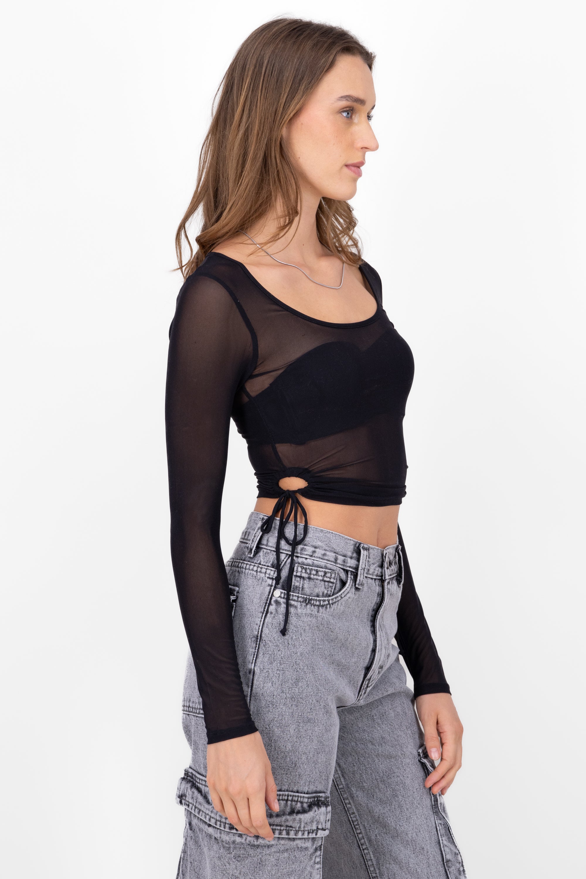 Top de manga larga de mesh liso NEGRO