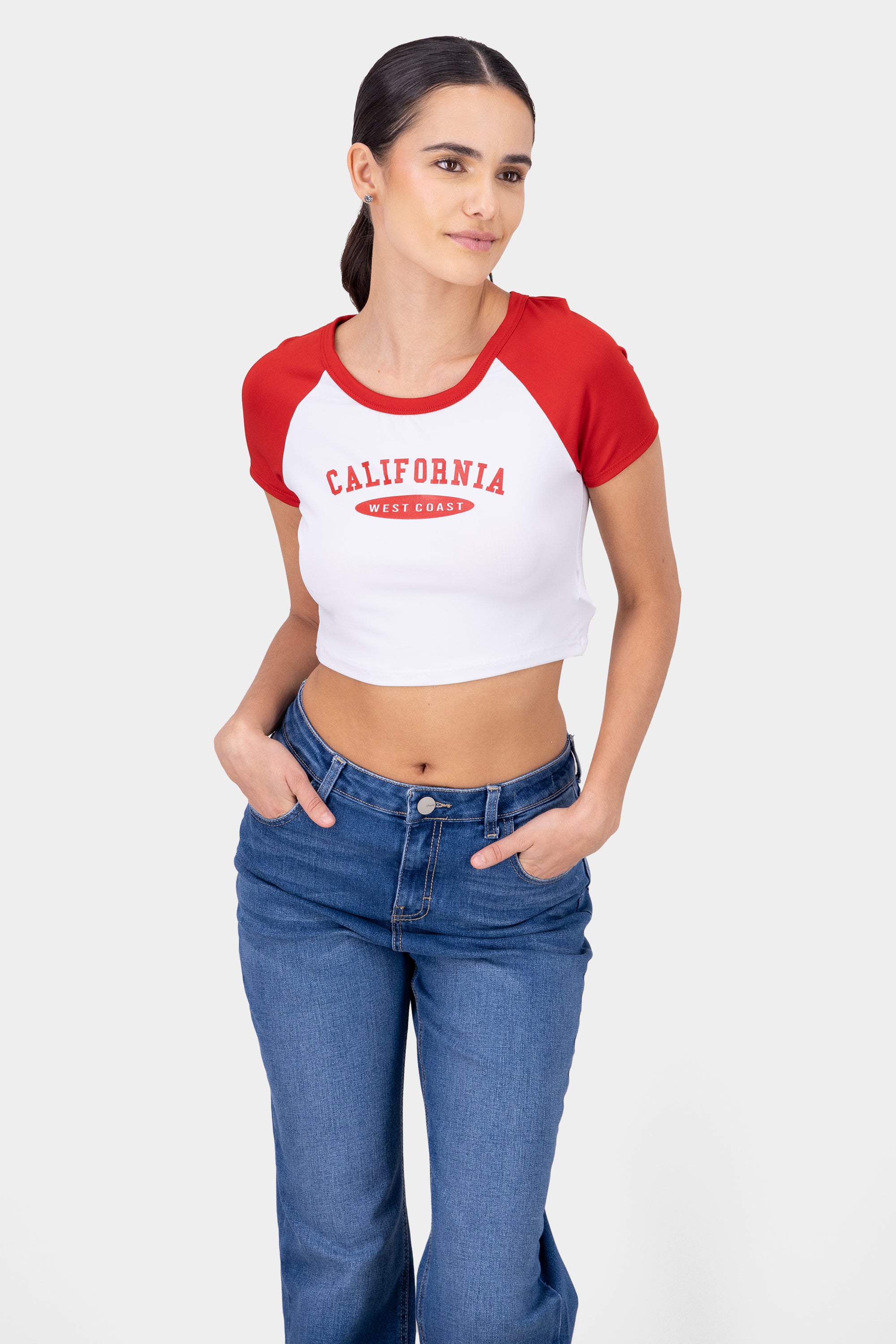 Playera manga ranglan california ROJO COMBO