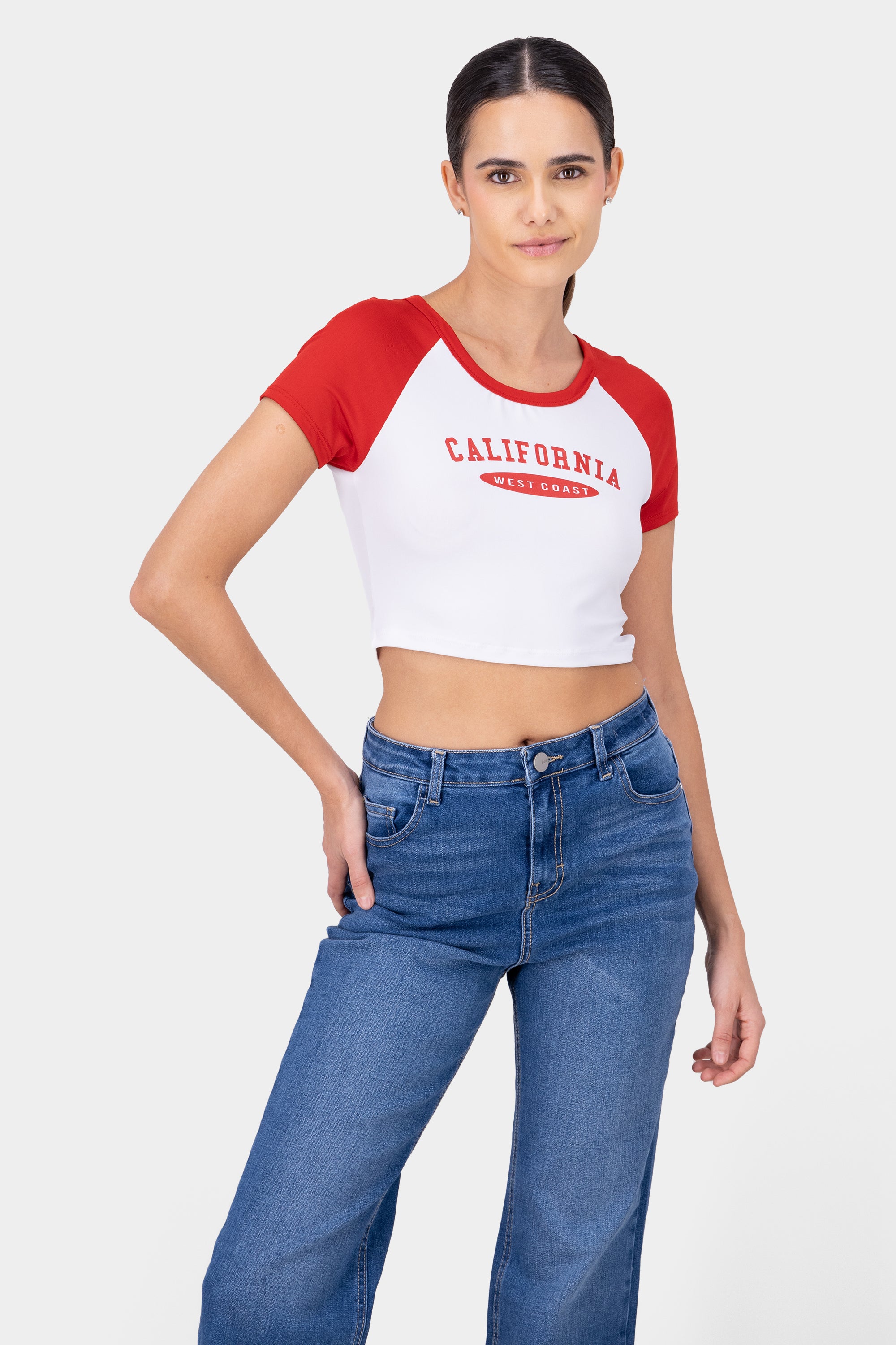 Playera manga ranglan california ROJO COMBO