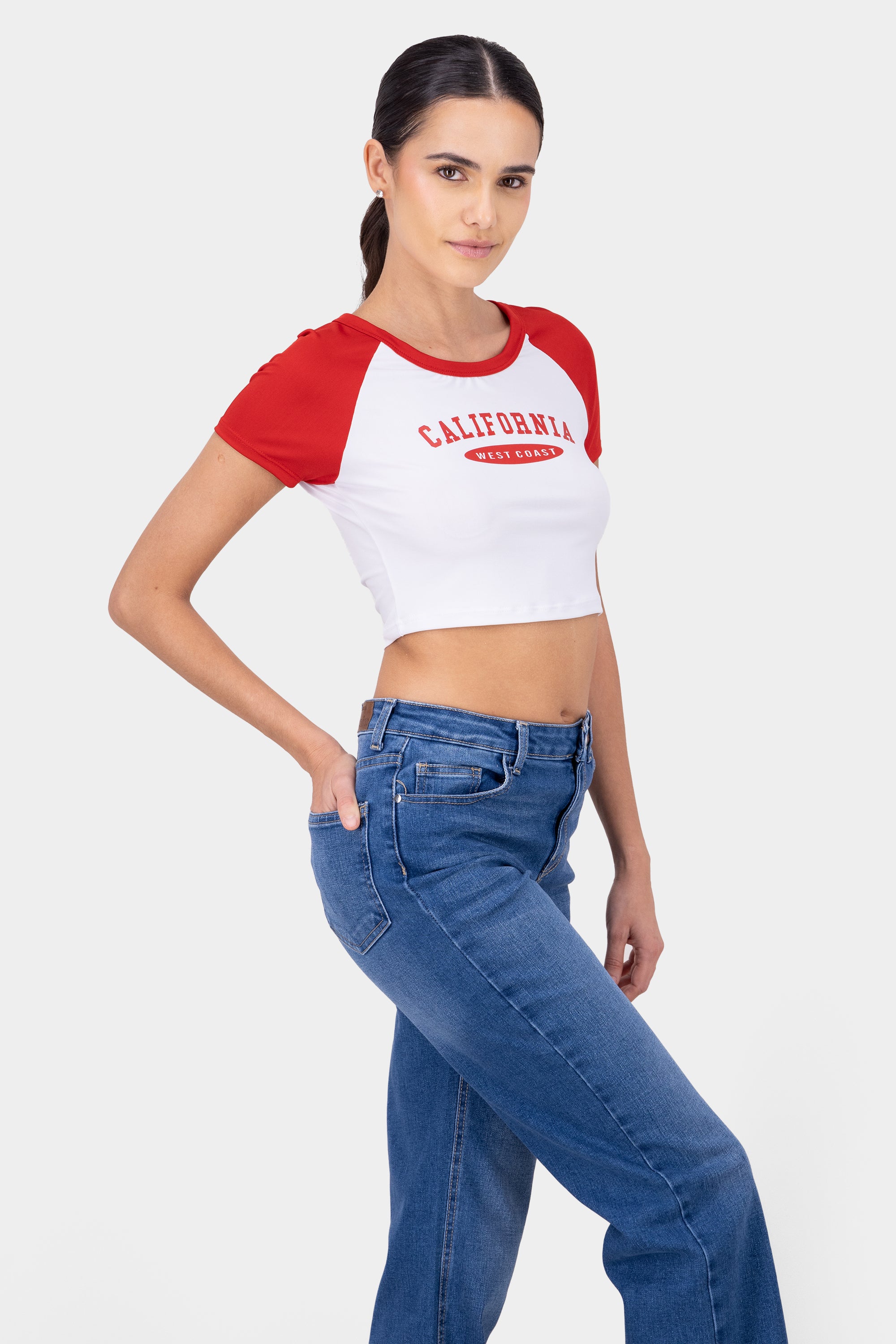 Playera manga ranglan california ROJO COMBO