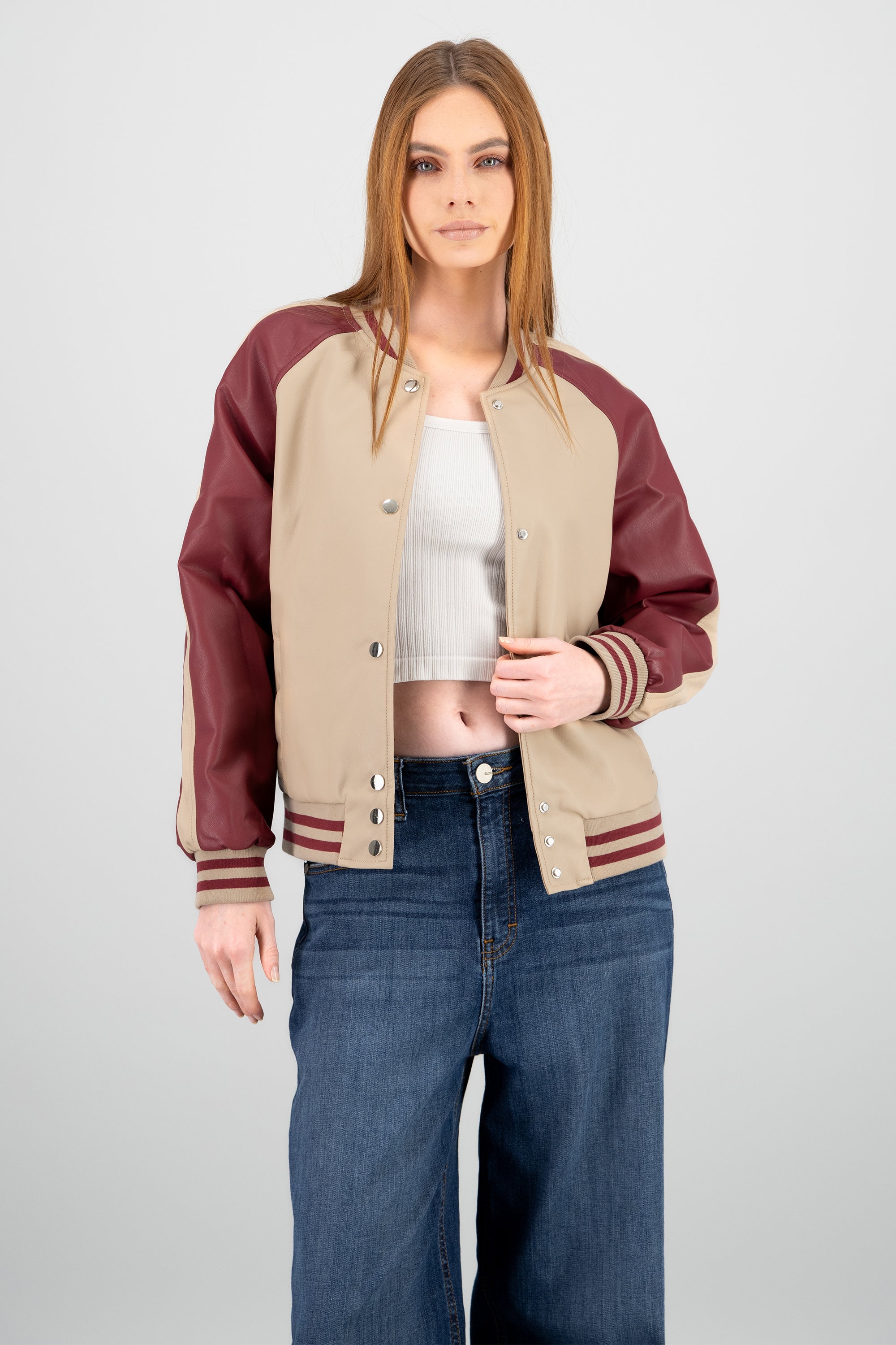 Chamarra bomber efecto piel CIRUELA