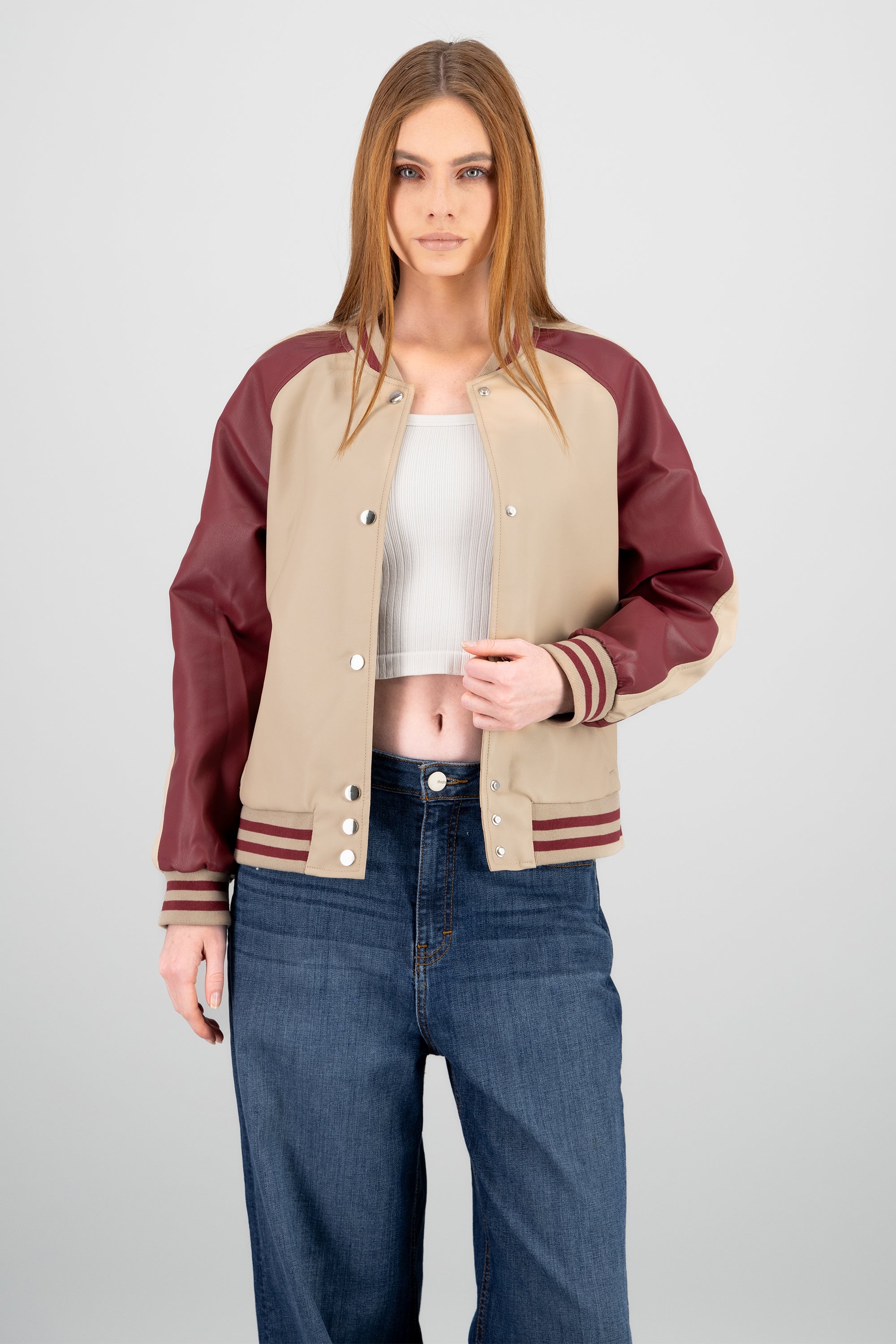 Chamarra bomber efecto piel CIRUELA