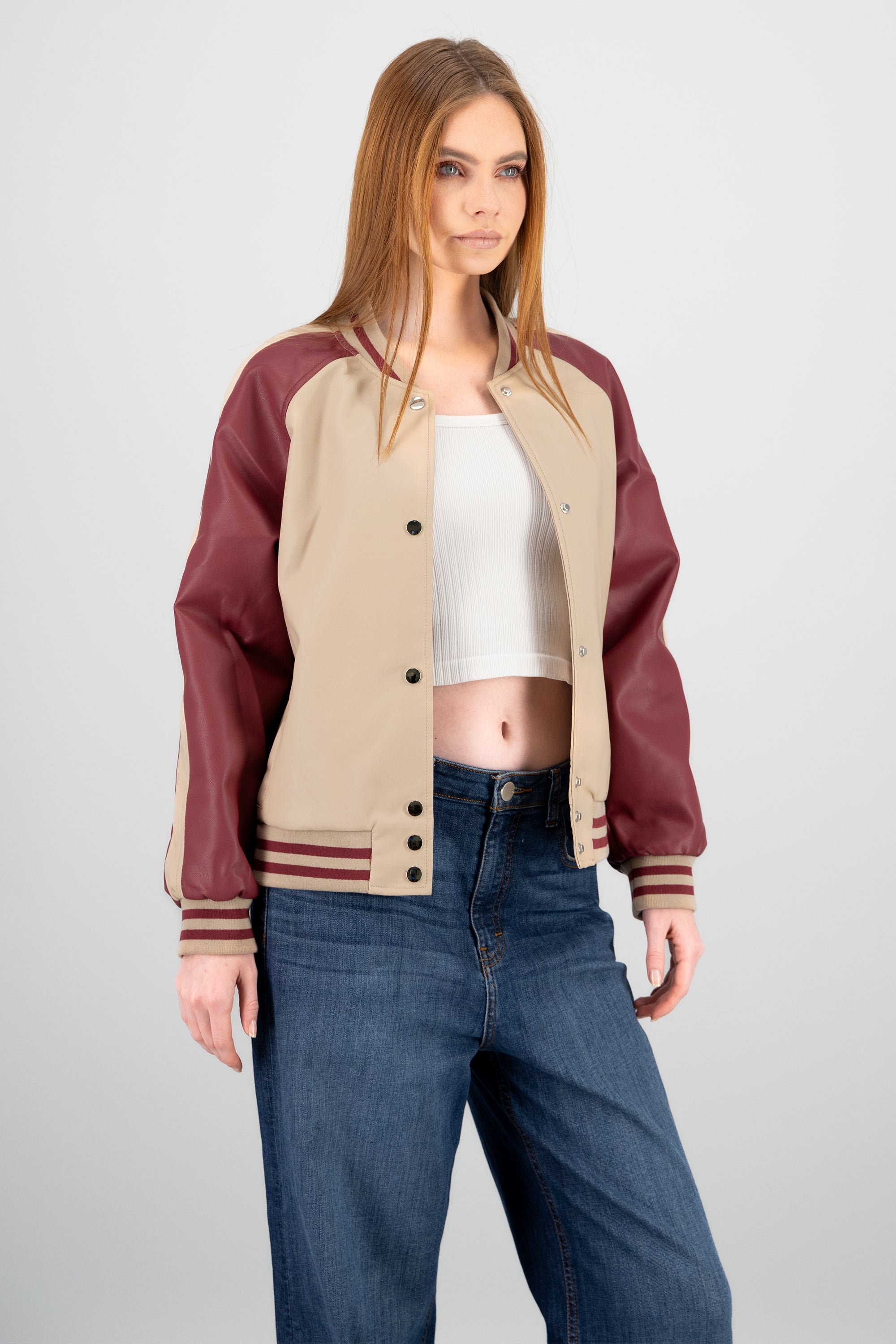 Chamarra bomber efecto piel CIRUELA
