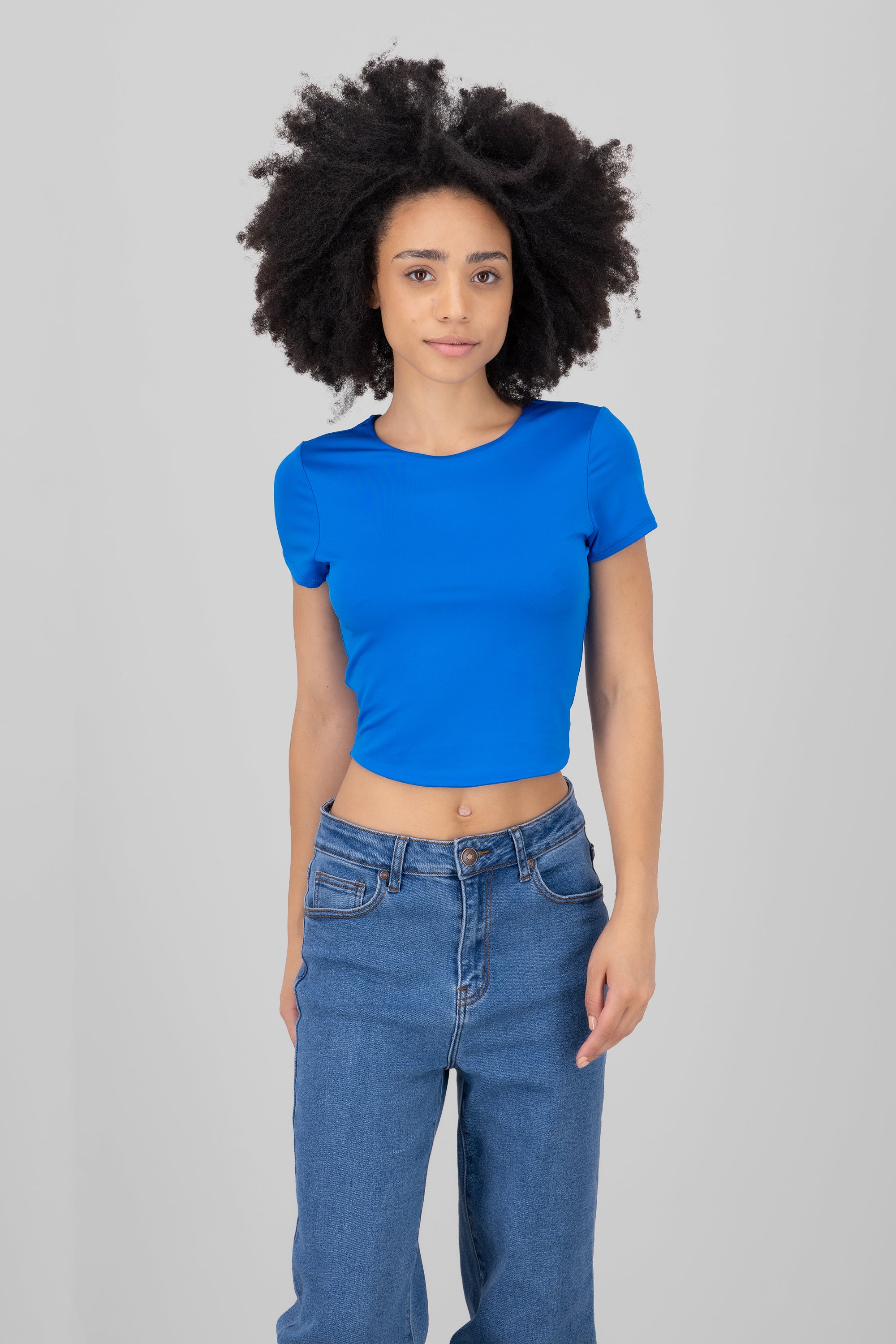 Top de doble tela con manga corta lisa AZUL